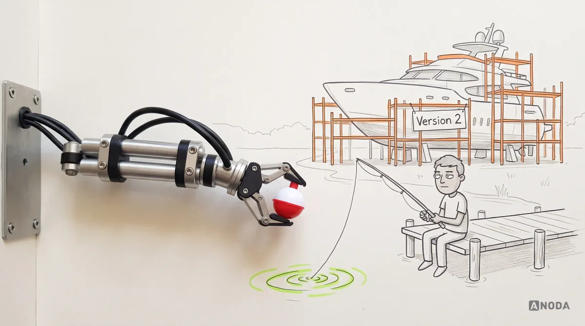 Mixed-media illustration: a drawn angler sits on a small pier with lime bite ripples on the water, an orange yacht labelled “Version 2” waits unfinished in dry dock behind him, and a real steel arm holds a real red-and-white fishing float.