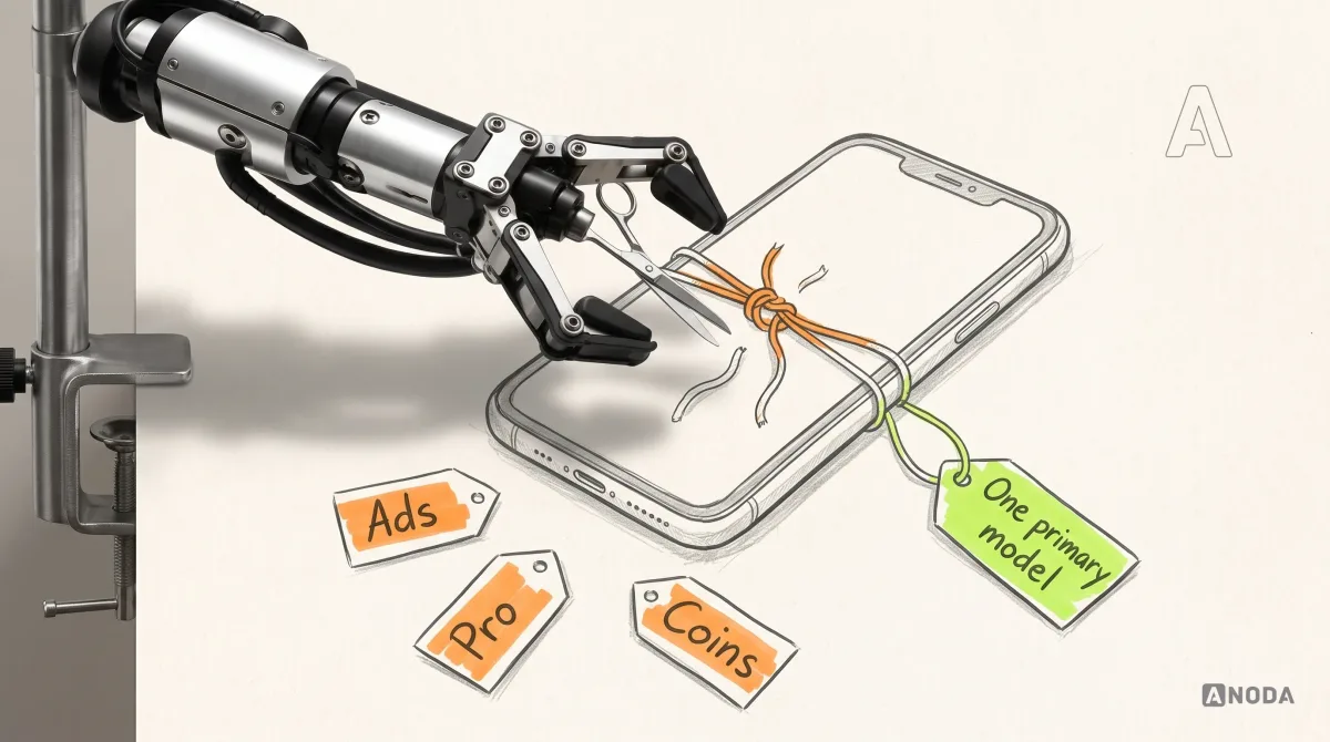 Mixed-media illustration: a real steel robotic arm clamped at the left edge holds small scissors over a drawn phone whose orange knot of strings has just been cut; the “Ads”, “Pro” and “Coins” price tags lie loose on the paper and a single lime tag reading “One primary model” still hangs from the phone.