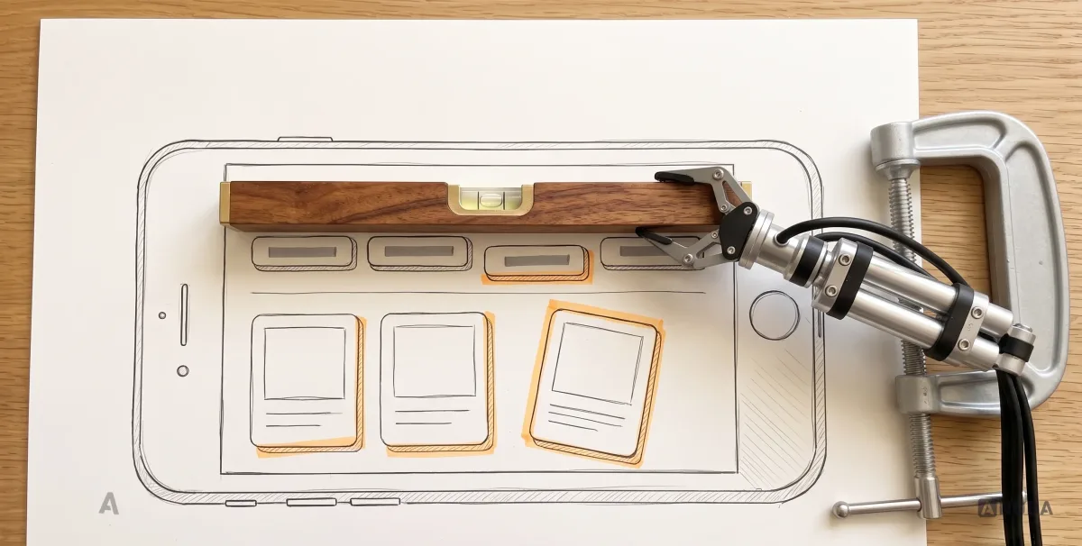 Mixed-media illustration: a drawn phone screen with a row of buttons and cards visibly out of alignment; a real steel robotic arm lays a real spirit level across the drawn screen, the bubble off-centre, with the misaligned edge highlighted in orange.
