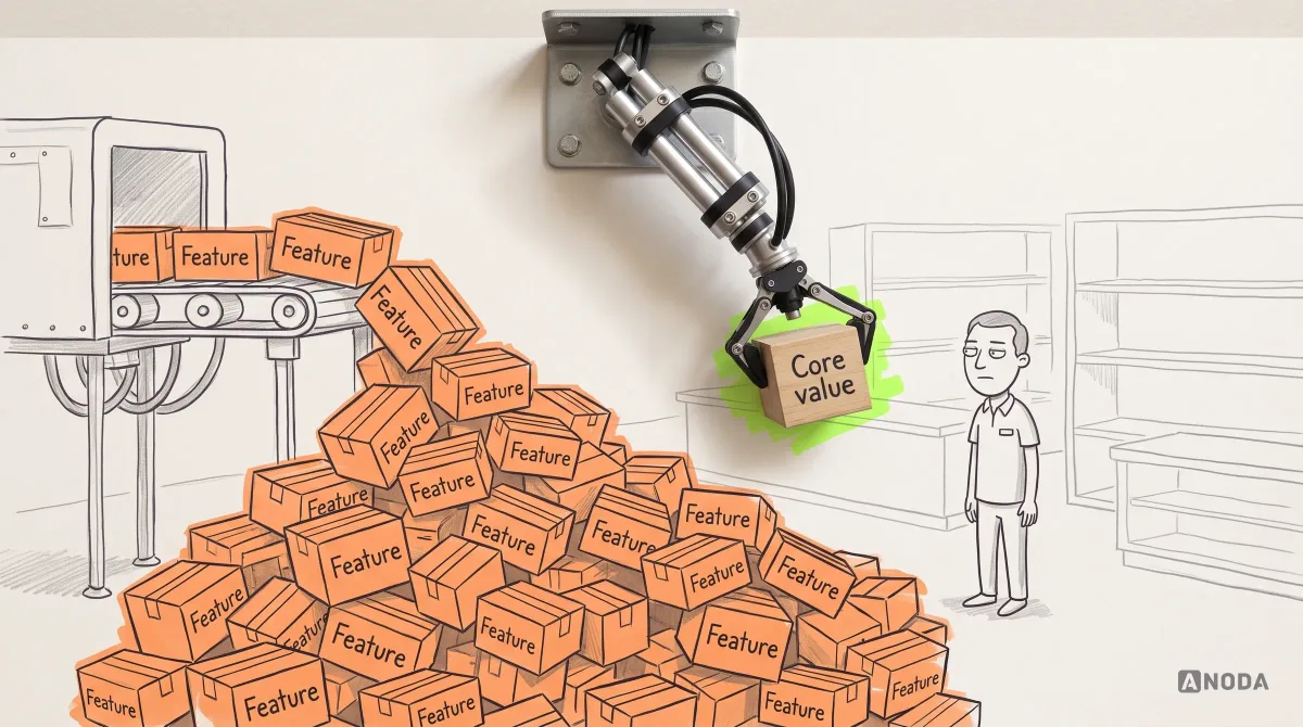 Mixed-media illustration: a drawn conveyor belt dumps a huge orange heap of boxes labelled “Feature” into an empty shop, while a real steel arm holds up a real wooden block labelled “Core value”.