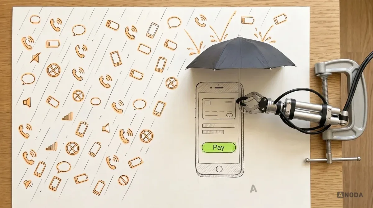 Mixed-media illustration: a drawn phone in the middle of a payment screen under a drawn rain of interruptions, an incoming call, a “Low battery” warning, a “No signal” icon and notification bubbles highlighted in orange; a real steel robotic arm holds a real small umbrella over the phone, keeping the payment dry, with the “Pay” button highlighted in lime.
