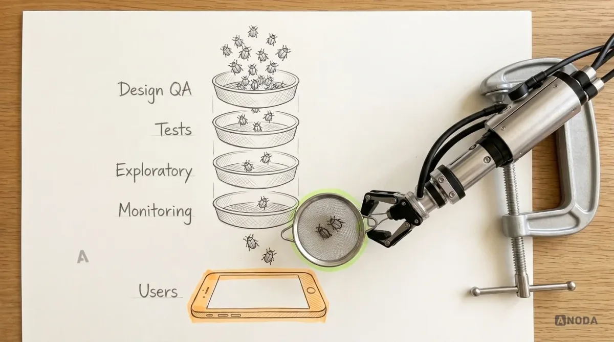 Mixed-media illustration: four drawn sieves are stacked on paper, labelled “Design QA”, “Tests”, “Exploratory” and “Monitoring”, with drawn beetles falling through each; a real steel robotic arm holds a real kitchen sieve at the bottom, catching the last beetles before they reach a drawn phone marked “Users”.