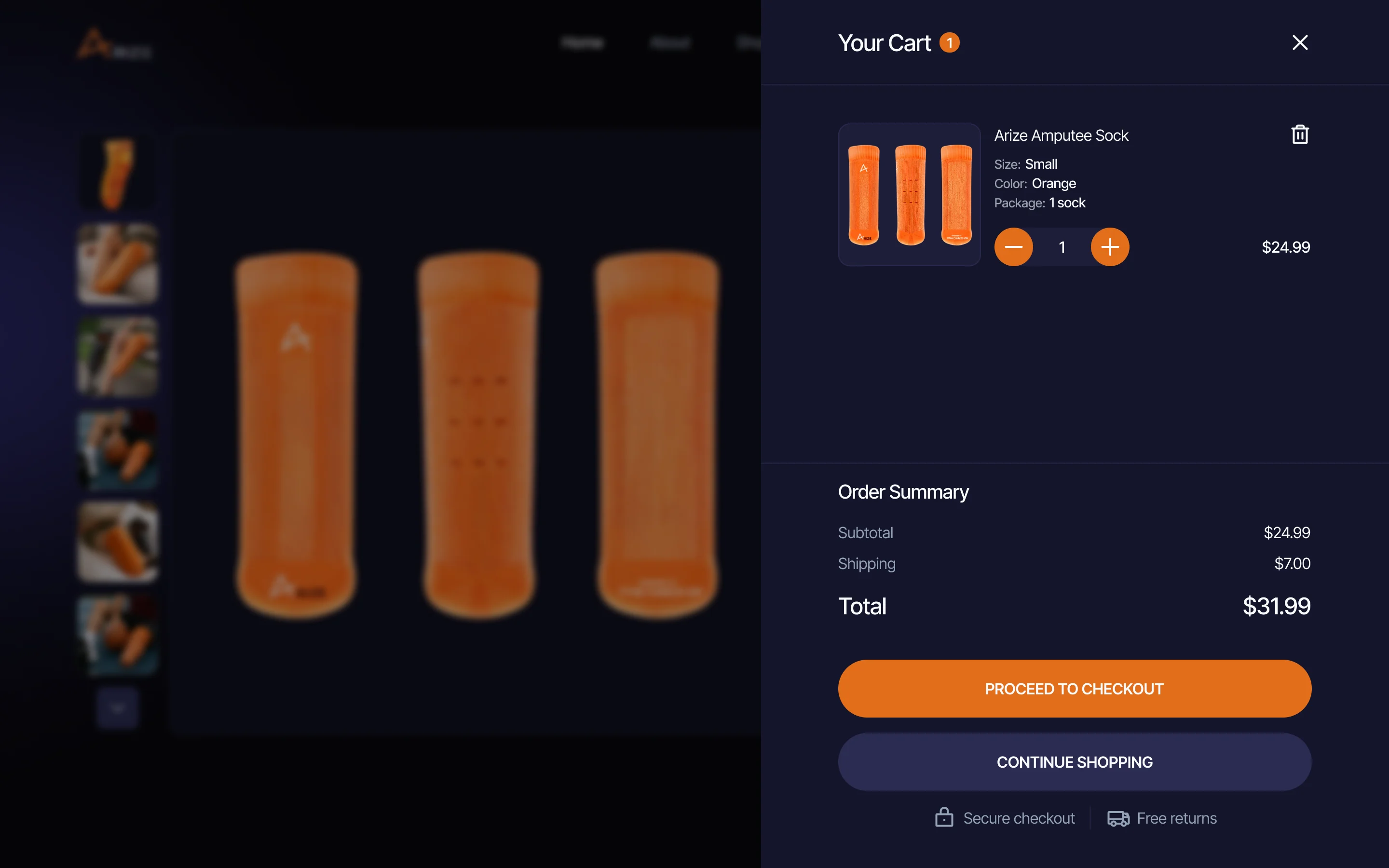 The desktop cart drawer over the blurred product page: one amputee sock in Small, Orange, a one-sock pack, with a quantity stepper and the checkout buttons