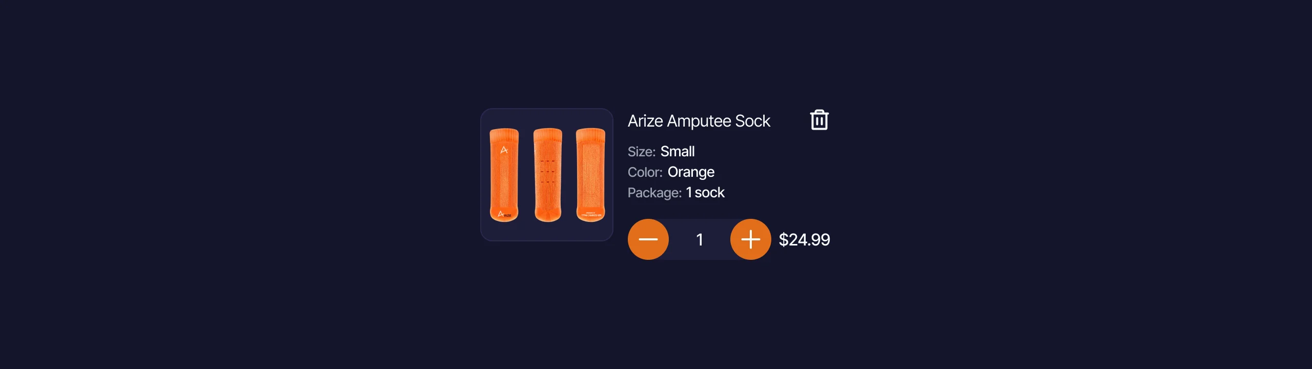 A cart line: the three socks, Arize Amputee Sock, Size Small, Color Orange, Package 1 sock, a delete icon and a stepper at 1