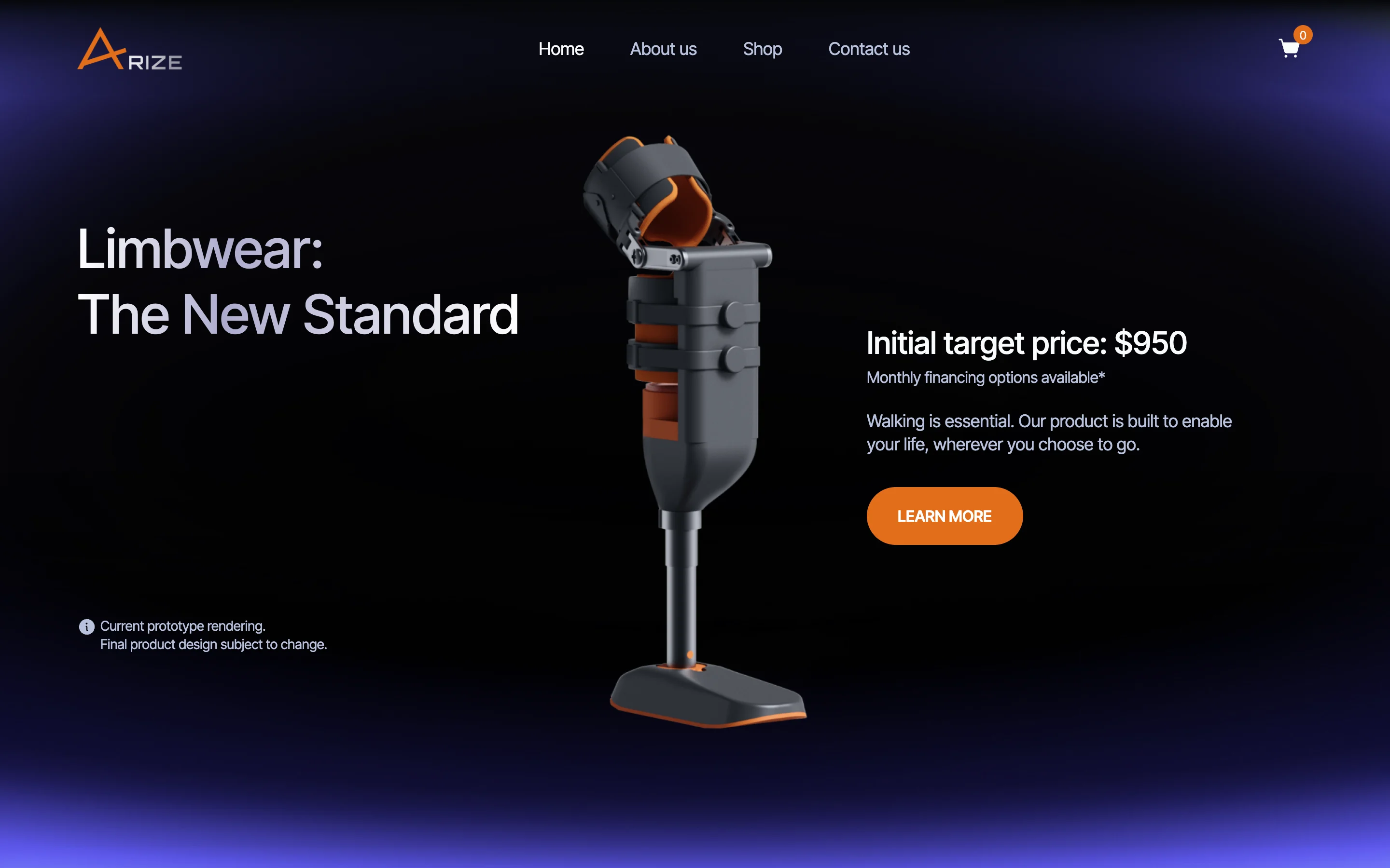 The full prosthetic leg in 3D beside Limbwear: The New Standard, an initial target price of $950 and a note that it is a current prototype rendering