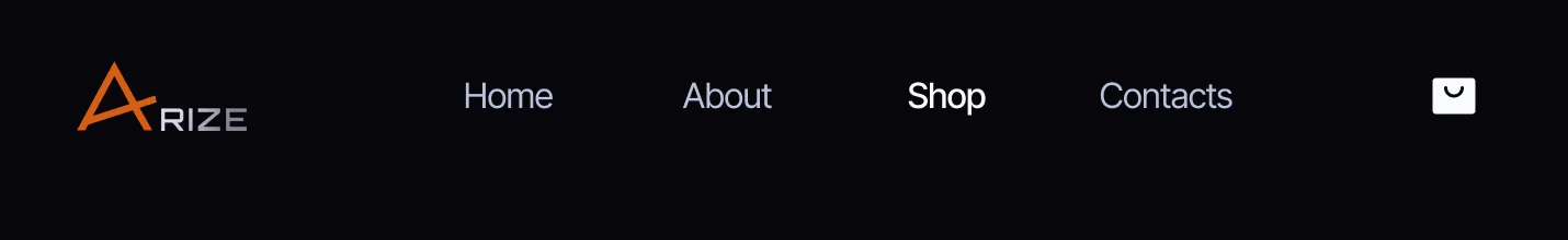 The desktop header: the Arize logo, Home, About, Shop and Contacts, and the cart