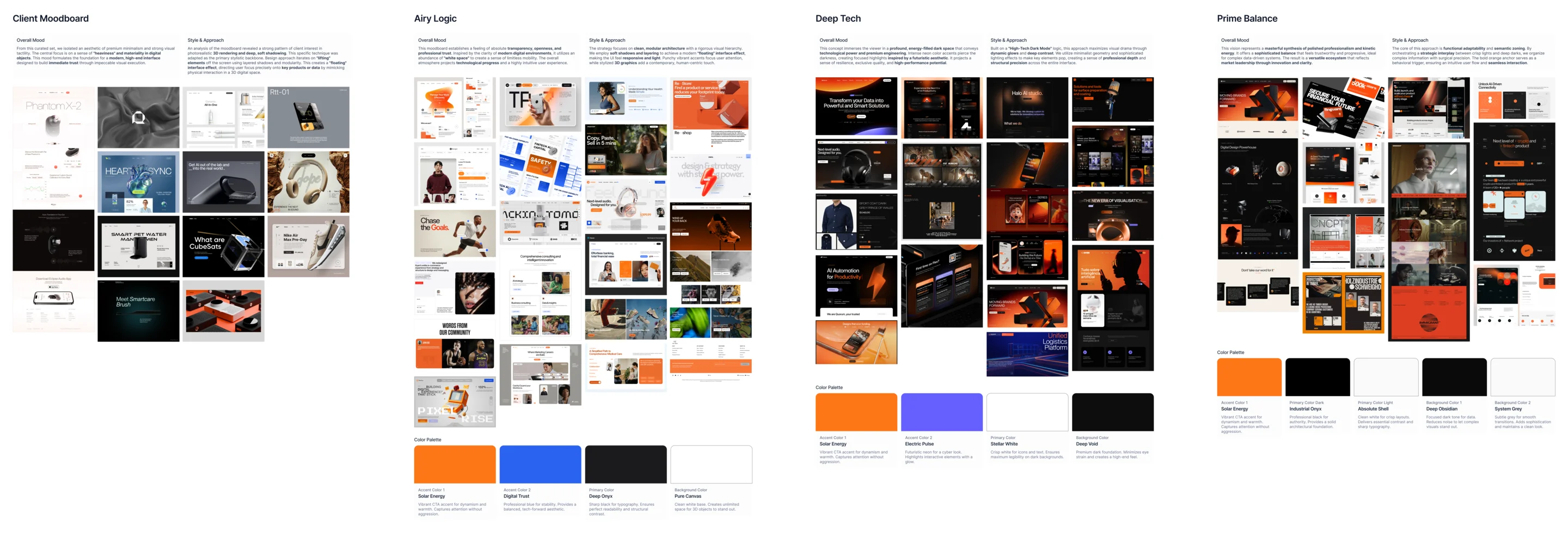 Visual-direction boards: the client’s moodboard, then Airy Logic, Deep Tech and Prime Balance, each with references and a colour palette