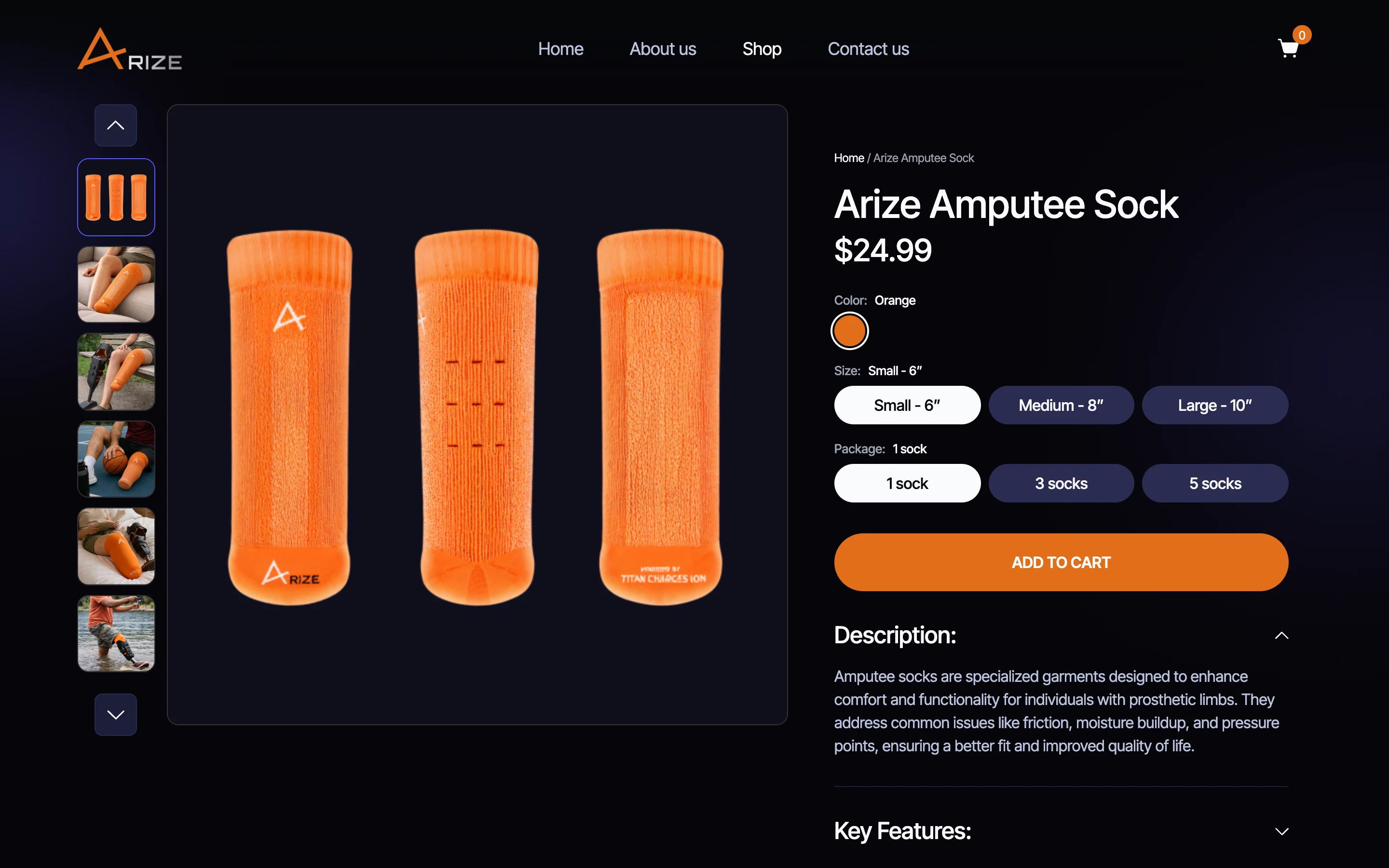 The live Arize Amputee Sock page: a gallery of the orange socks on the left; the name, $24.99, colour, size and pack choices, Add to cart and the folded description on the right