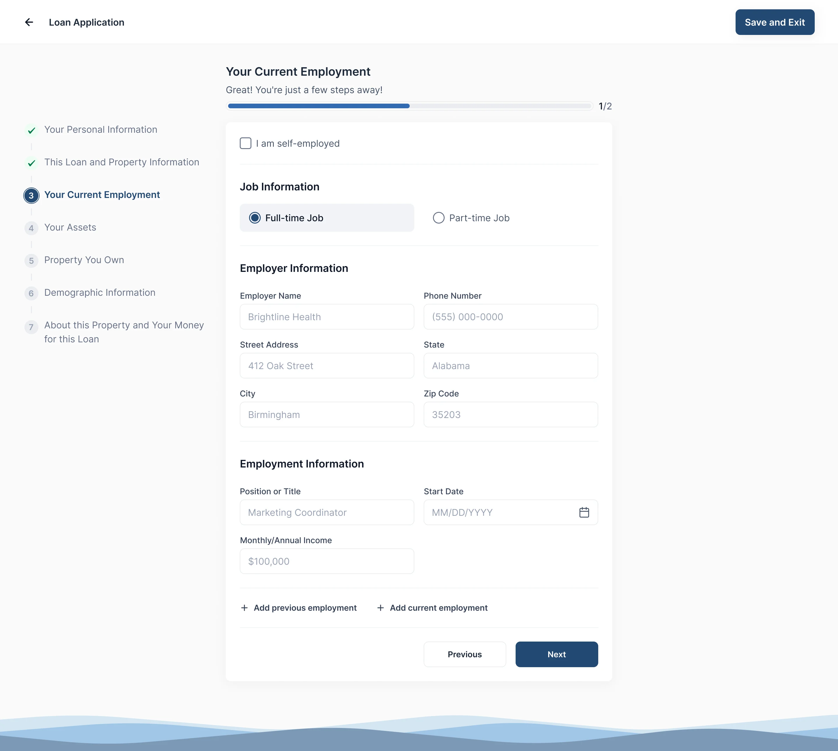 Loan application step three, Your Current Employment: a self-employed checkbox, full-time or part-time job, employer details, position, start date and income, and links to add previous or current employment