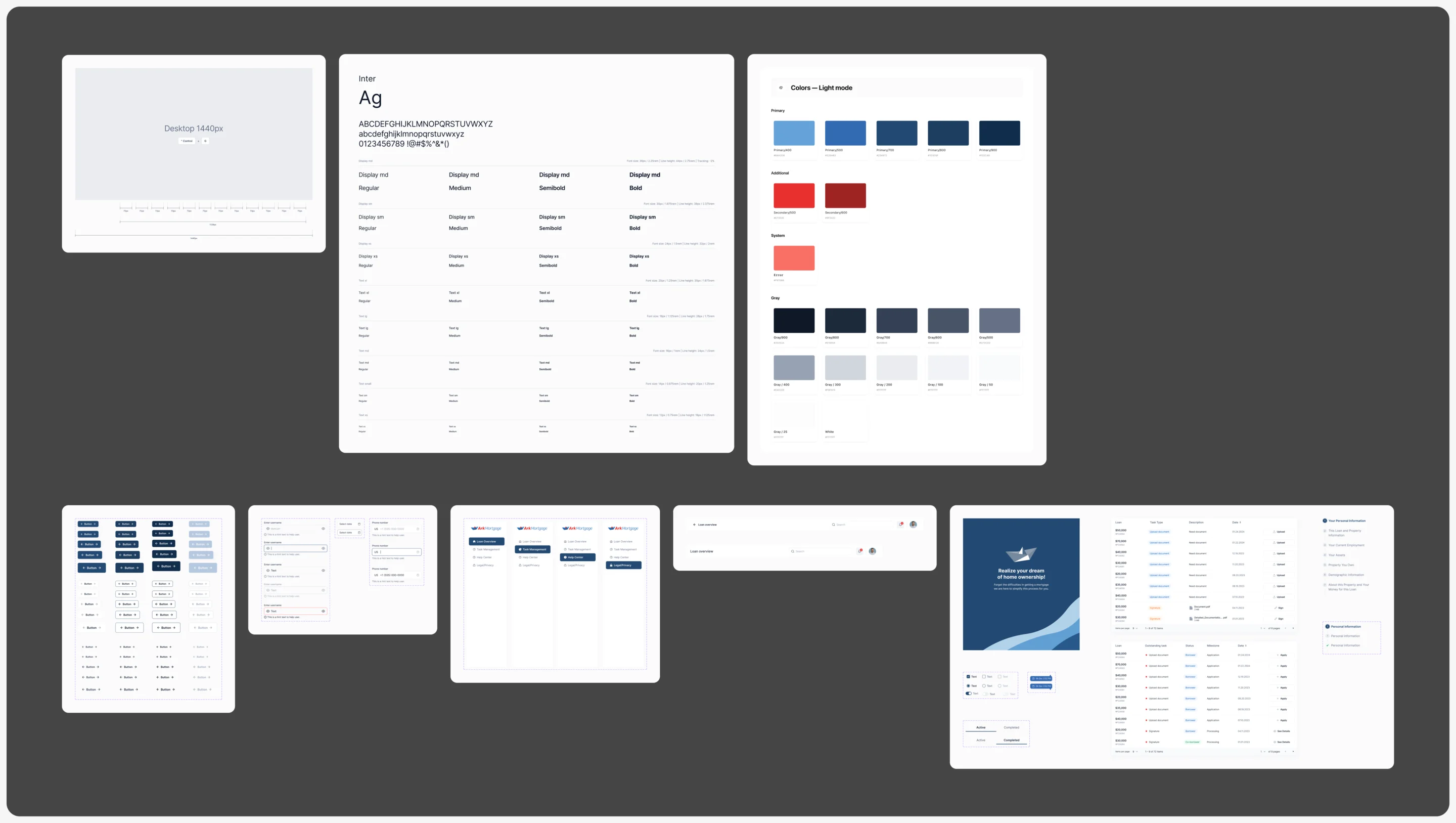 Desktop UI kit: the 1440 grid, Inter type scale, primary, additional, system and grey colours, buttons, inputs, navigation, headers and table and form components