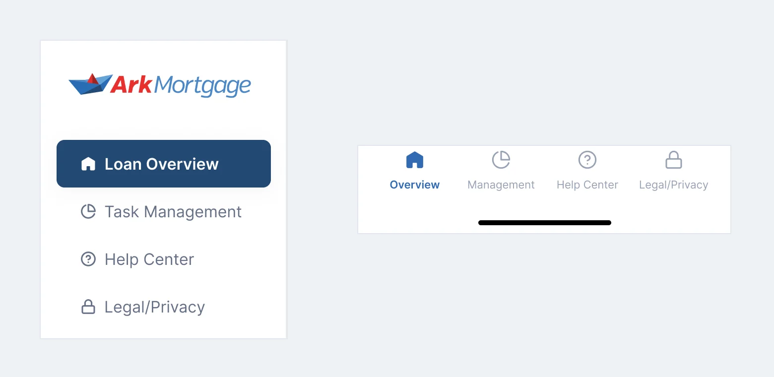 Ark Mortgage navigation: the web sidebar with Loan Overview, Task Management, Help Center and Legal/Privacy, and the phone’s tab bar with the same four places