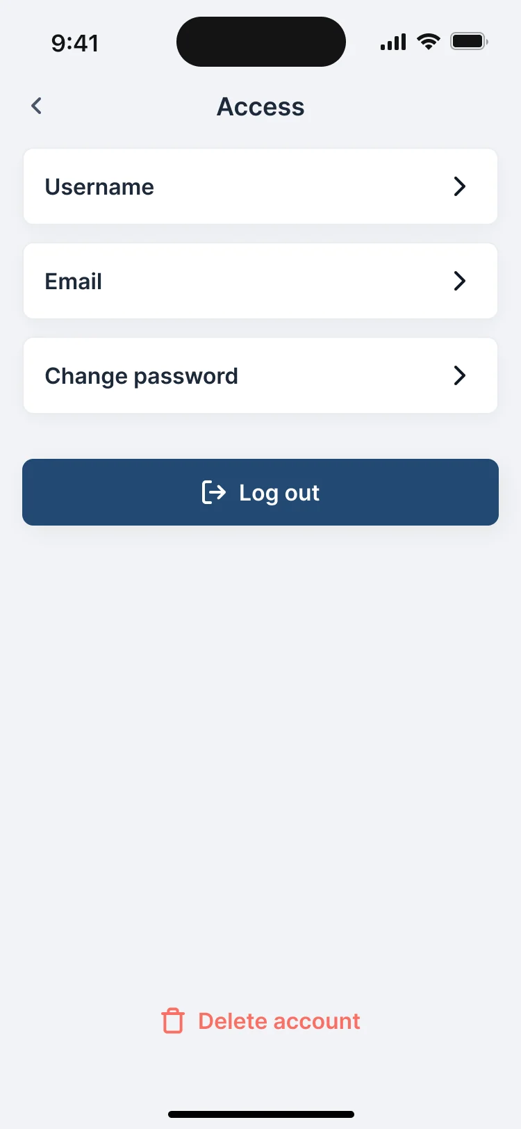 Access on a phone: Username, Email, Change password, Log out and Delete account