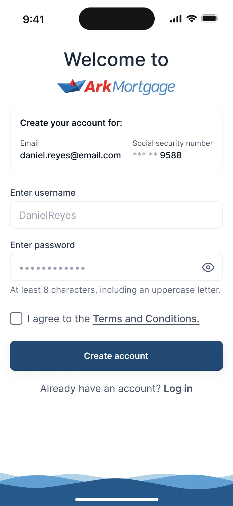 Welcome to Ark Mortgage on a phone: the same account creation form with username, password, terms and Create account