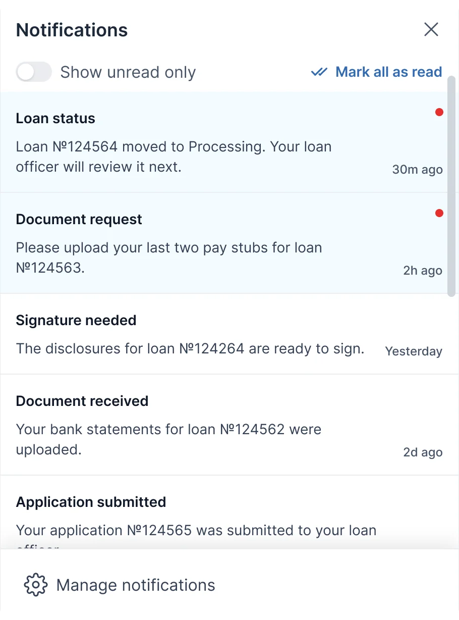 Notifications panel: loan status, a document request, a signature needed, a document received and an application submitted, with times, a show-unread toggle and Mark all as read