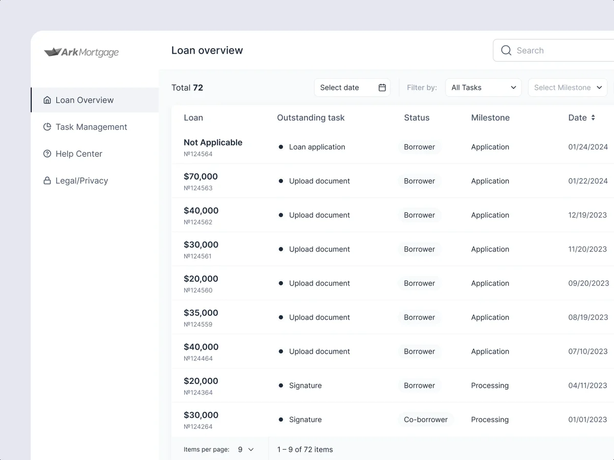 Grey wireframe of the web Loan overview: sidebar menu and the loan table with task, status, milestone and date
