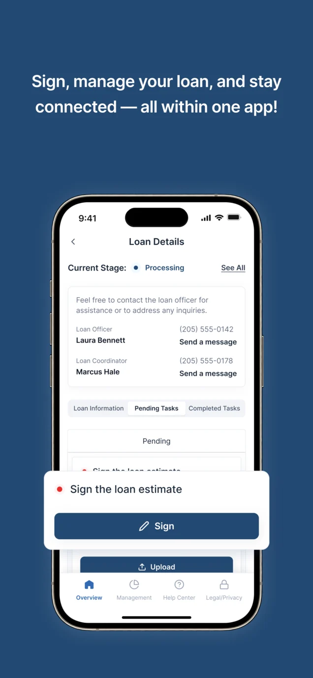 App Store screenshot: Sign, manage your loan, and stay connected, with a phone showing the loan details and a lifted card to sign the loan estimate