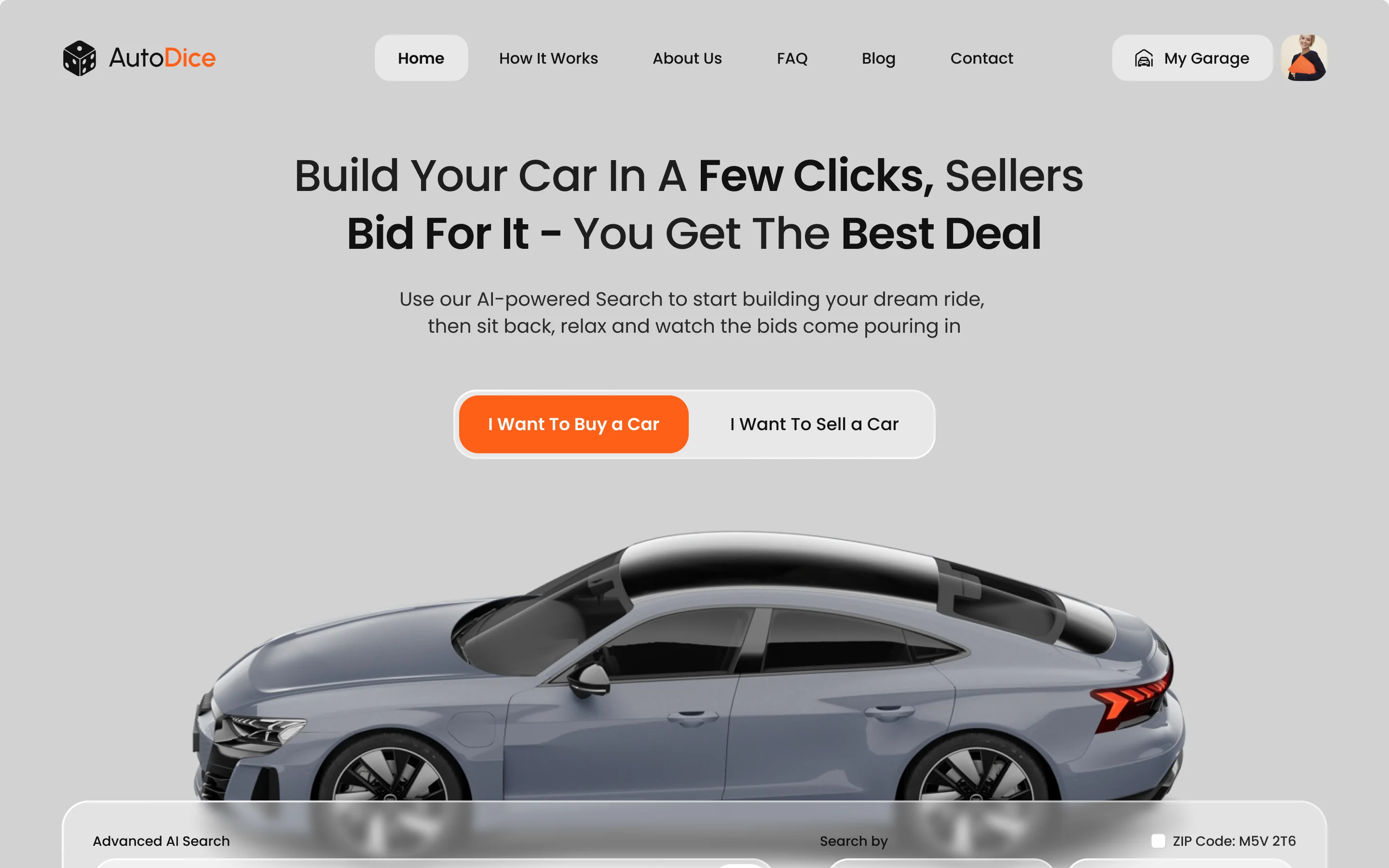 Autodice homepage on desktop: navigation, the promise, the buy and sell switch, the car and the search row