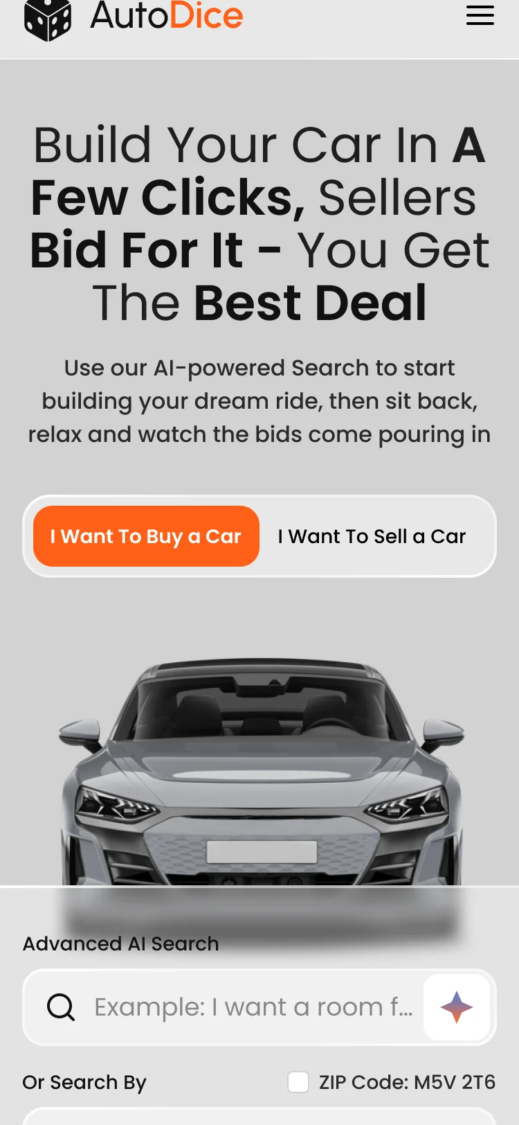 Autodice homepage on a phone: the promise, the switch, the car and the AI search above make and model