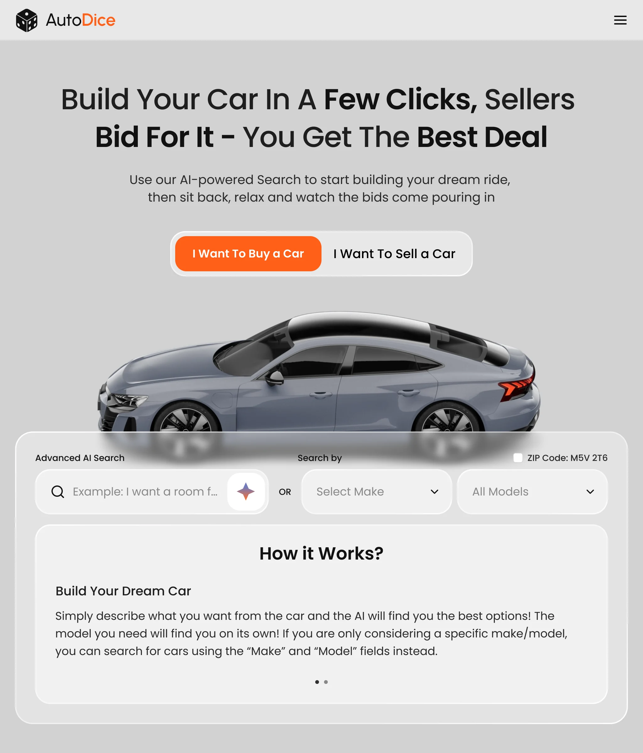 Autodice homepage on a tablet: the promise, the switch, the search row and How it Works below