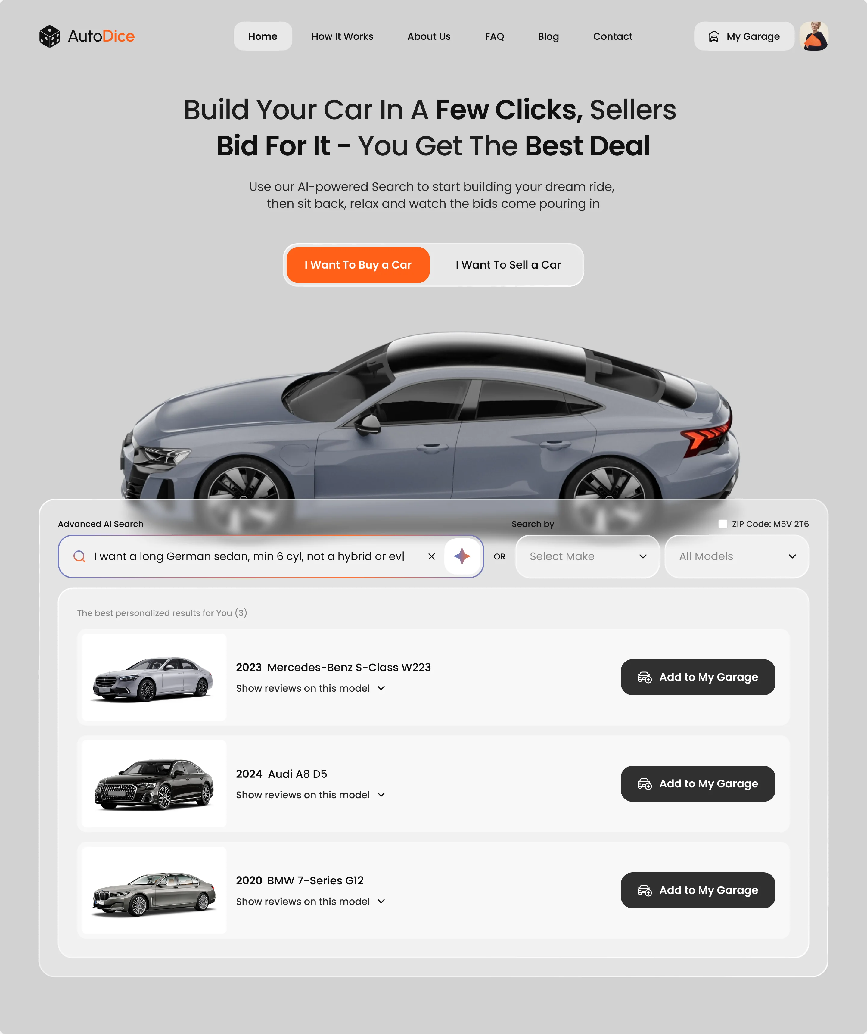 Autodice AI search: the query I want a long German sedan, min 6 cyl, not a hybrid or EV, and three results, a 2023 Mercedes-Benz S-Class, a 2024 Audi A8 and a 2020 BMW 7 Series, each with Show reviews and Add to My Garage
