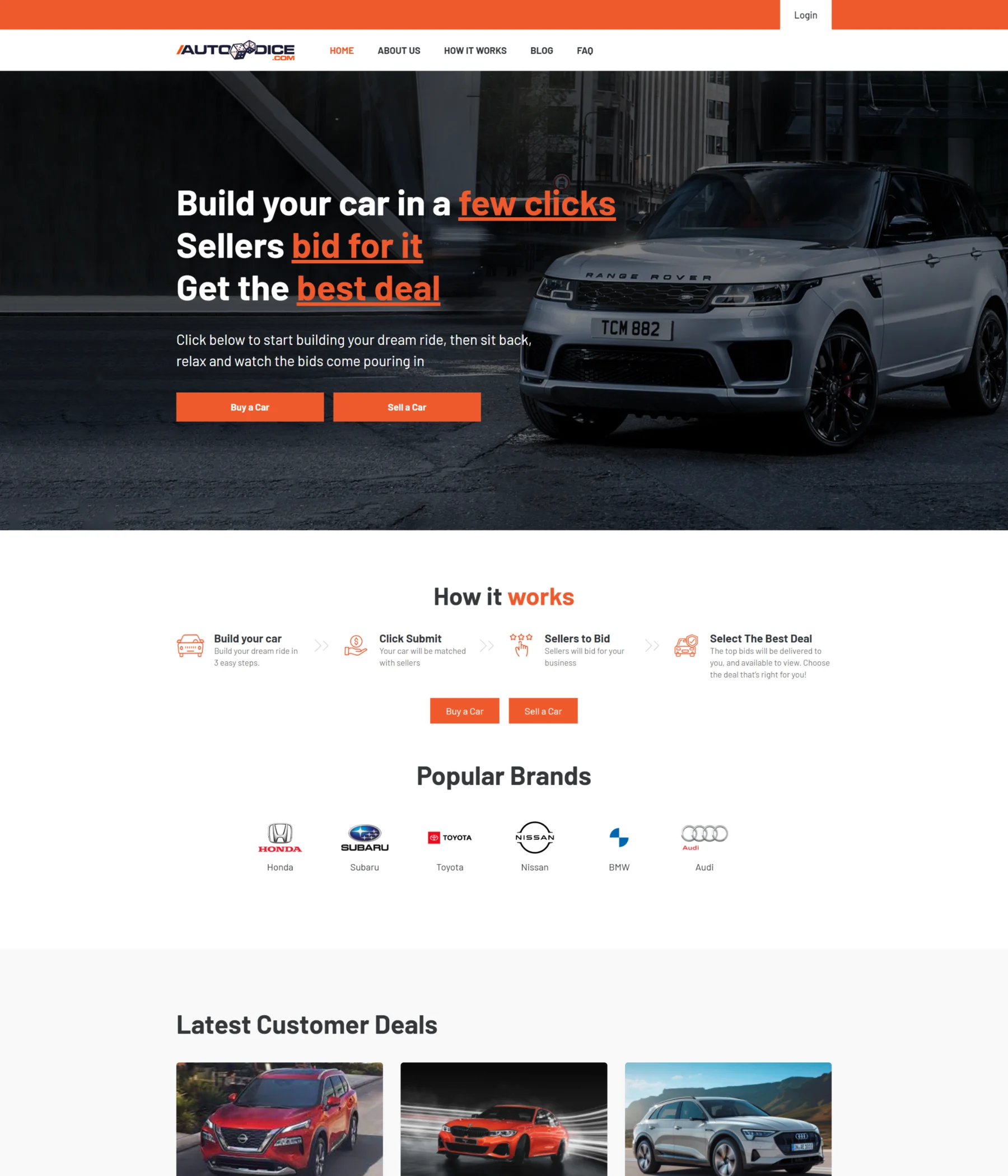 The previous Autodice homepage: a dark hero with a car and Buy a Car and Sell a Car buttons, How it works, popular brands and the start of latest customer deals