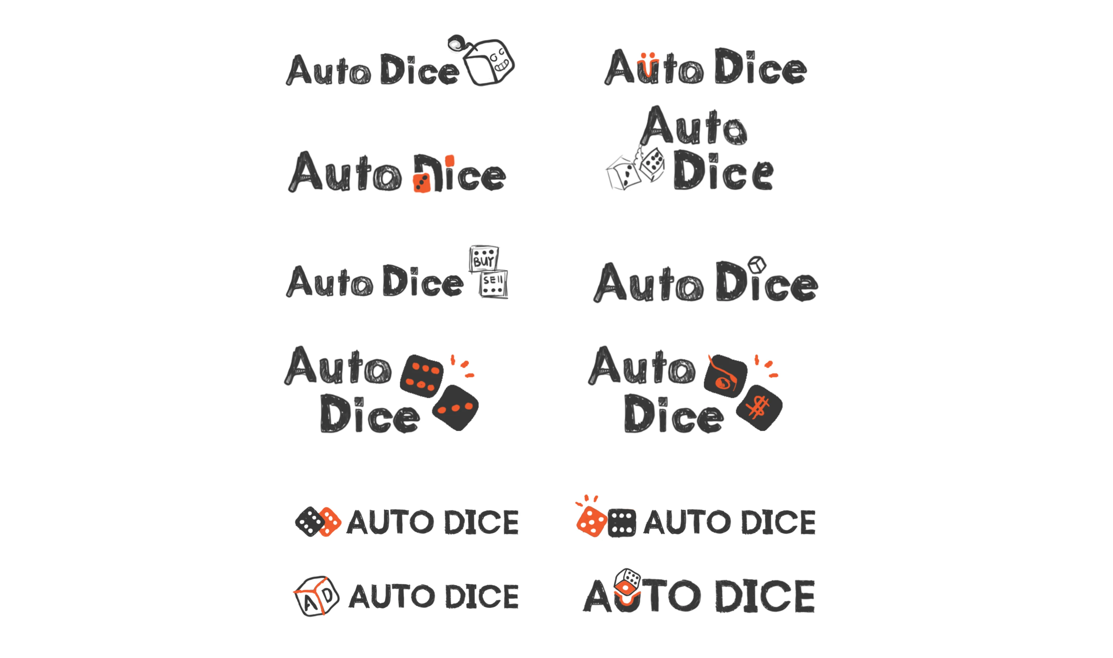 Autodice logo concepts: hand-lettered Auto Dice wordmarks with dice, a cube with buy and sell faces, and dice as letters
