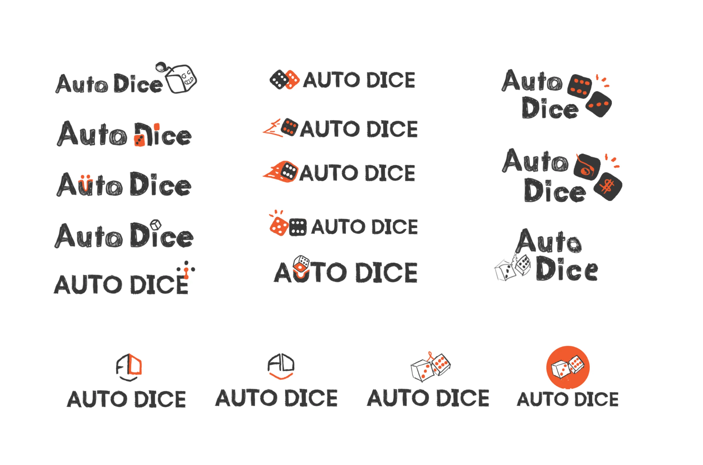 A sheet of hand-drawn Auto Dice wordmarks and dice marks