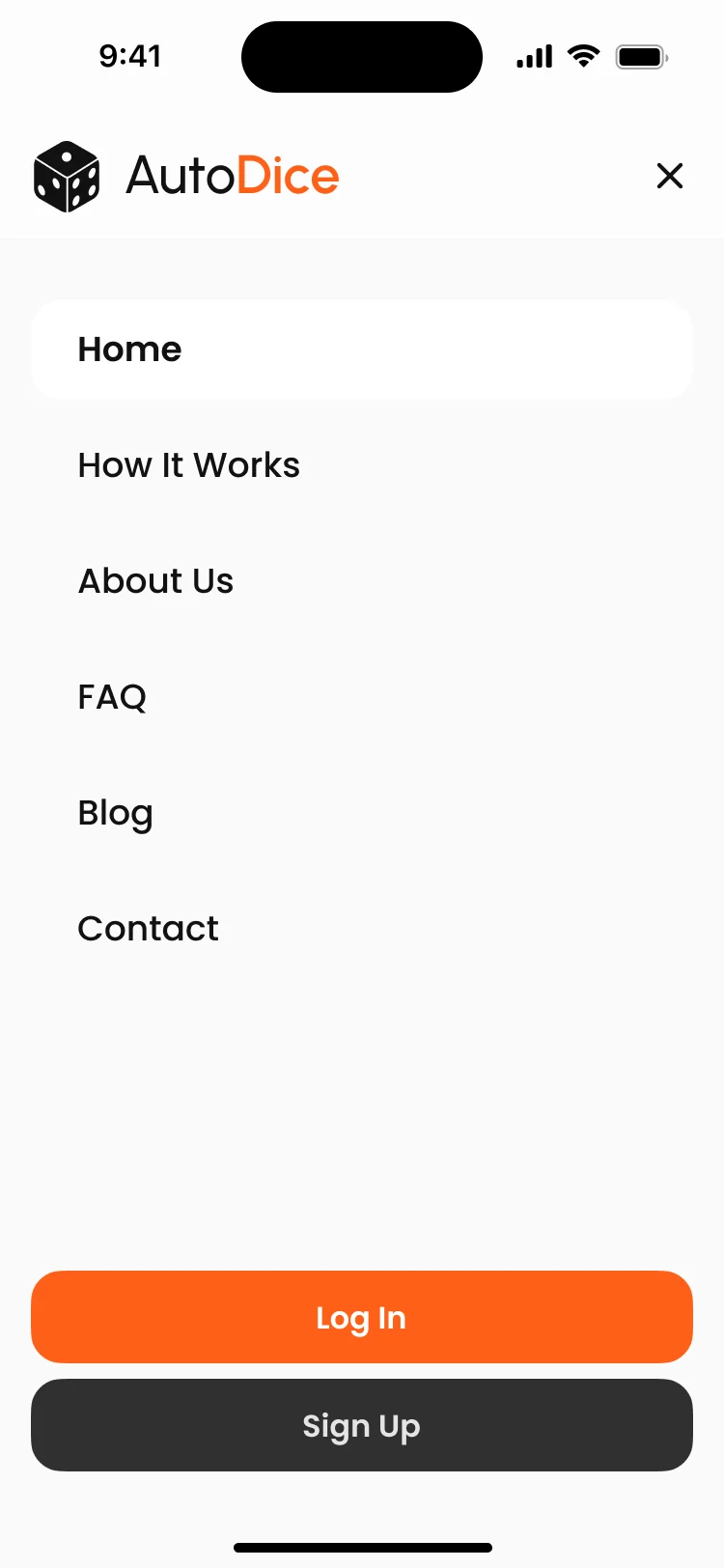Autodice menu open on a phone: Home, How It Works, About Us, FAQ, Blog and Contact, with Log In and Sign Up at the bottom