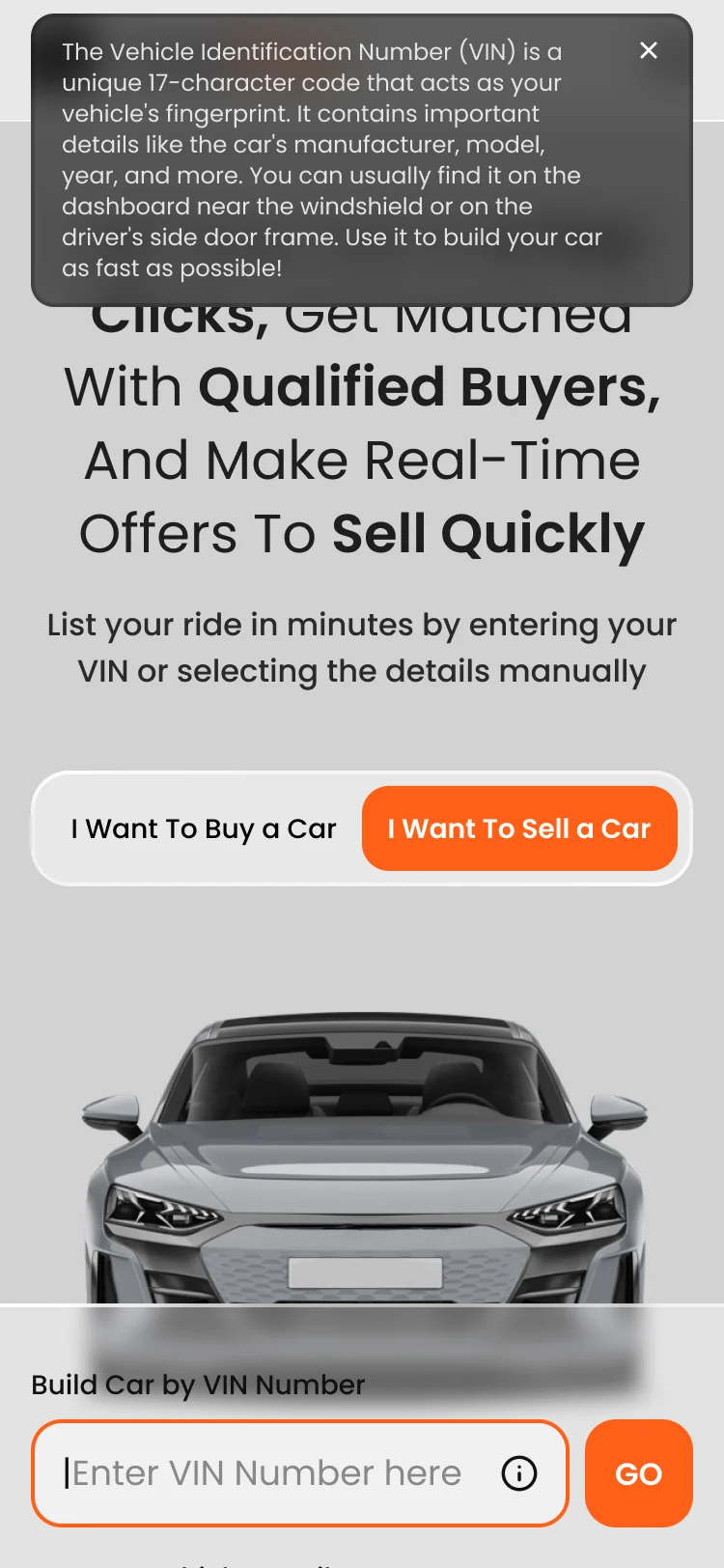 Seller side on a phone: a tip explaining the 17-character VIN and where to find it, above the VIN field and the manual year, make and model fields
