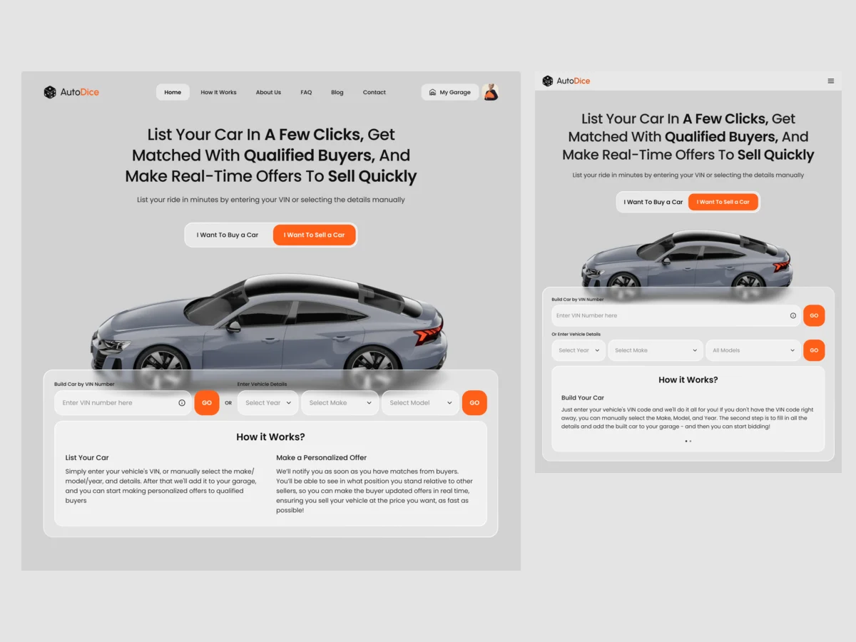 The seller’s homepage on desktop and on a tablet: the promise to sellers, the switch set to selling, the VIN field with year, make and model beside or below it, and how it works