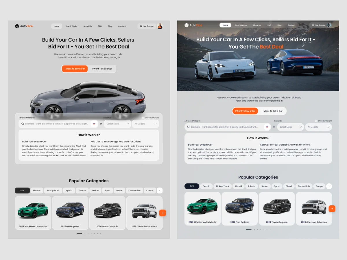 Two visual directions for the same homepage sections: on the left a light page with a grey car above the search, on the right a mountain photo with two cars across the full width