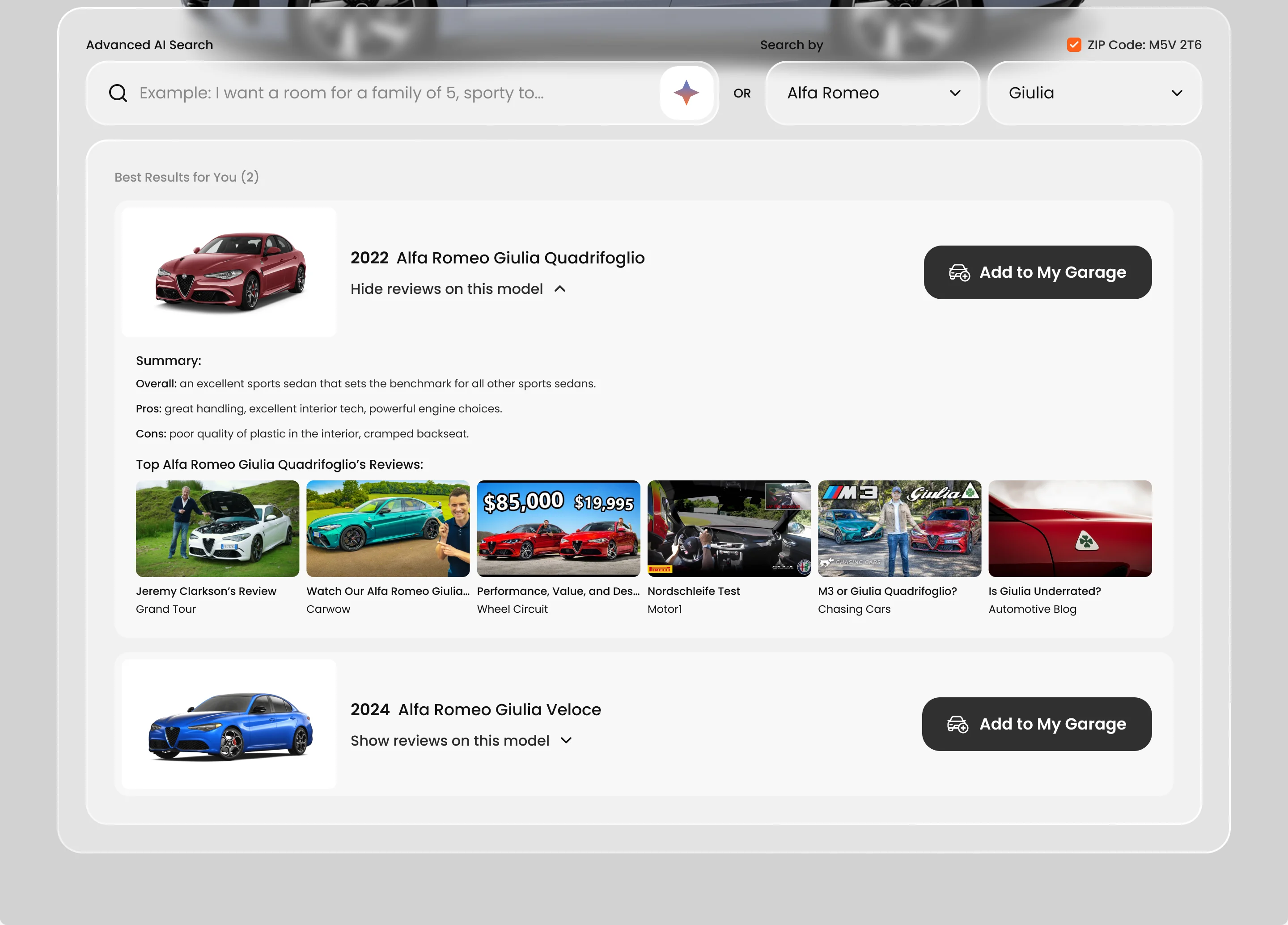 Search by make and model for an Alfa Romeo Giulia: the 2022 Giulia Quadrifoglio with its reviews open, an overall summary, pros and cons and six review videos, then the 2024 Giulia Veloce