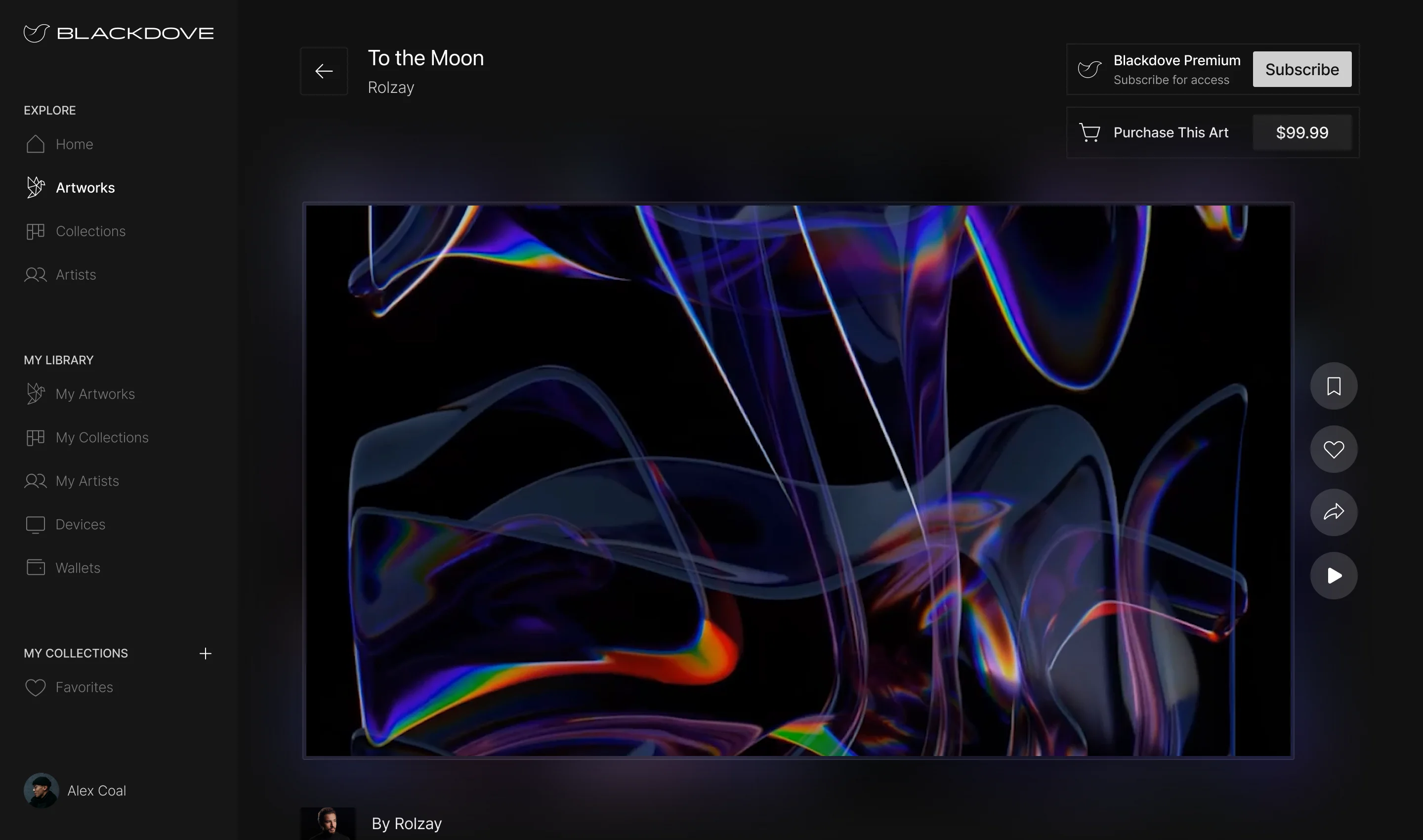 Blackdove web app artwork page: the menu, the title To the Moon by Rolzay, Blackdove Premium and Purchase This Art top right, the landscape artwork in the middle, a rail of save, like, share and play, and the artist below