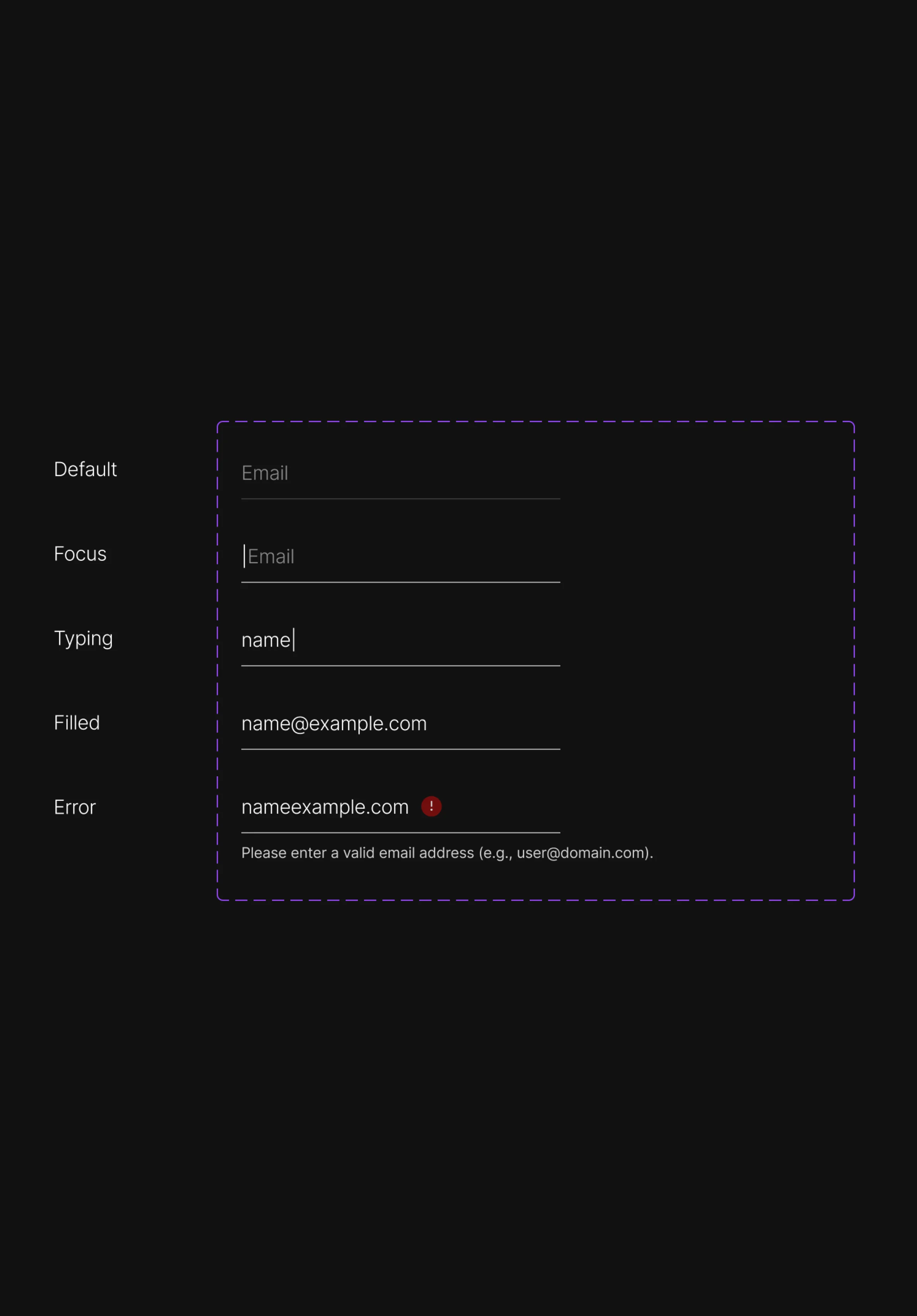 Blackdove design system input: an email field in default, focus, typing, filled and error states, with the error message under it