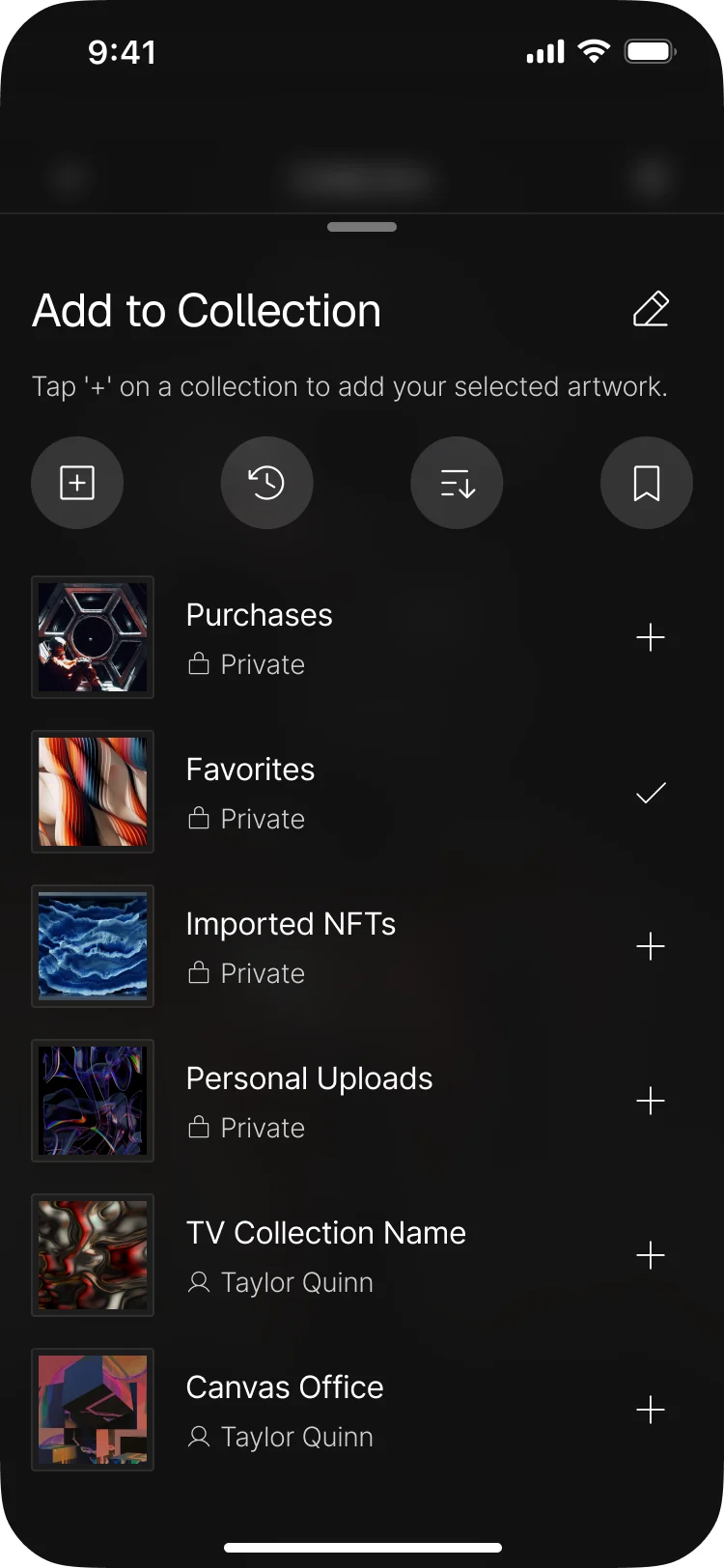 Blackdove mobile Add to Collection sheet: Purchases, Favorites, Imported NFTs, Personal Uploads and custom collections, each with a plus