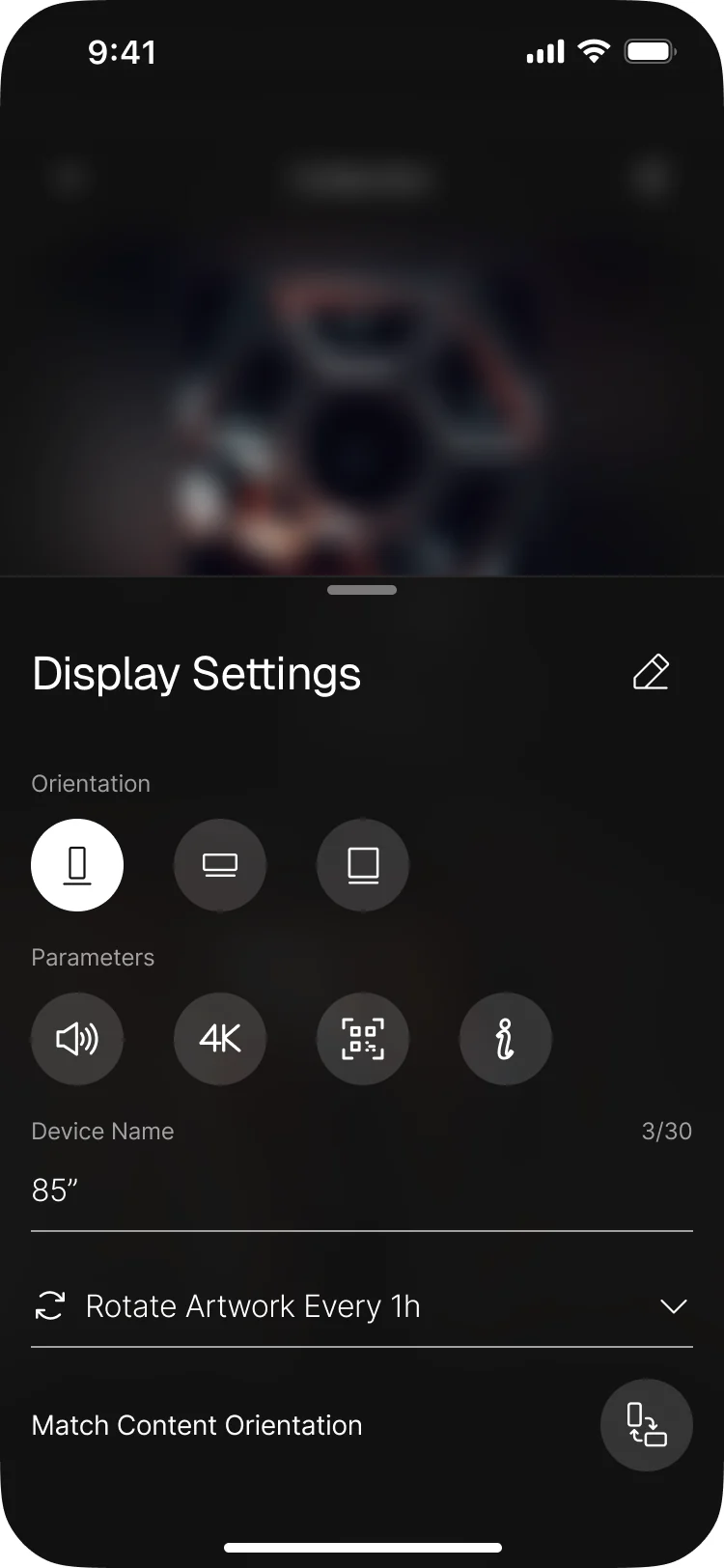 Blackdove mobile Display Settings: orientation, sound, 4K, fit and brightness, the device name, Rotate Artwork Every 1h and Match Content Orientation