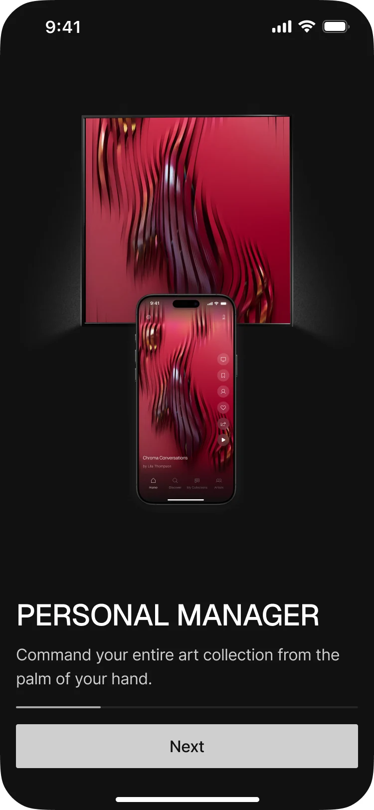 Blackdove mobile onboarding: Personal Manager, command your entire art collection from the palm of your hand, with Next