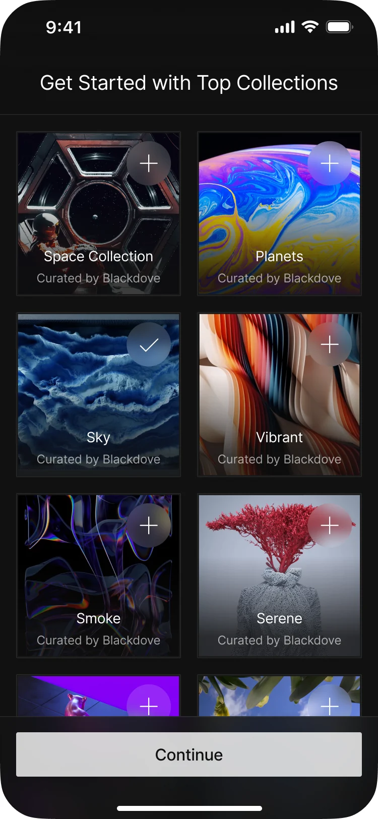 Blackdove mobile Get Started with Top Collections: a grid of collections to pick, Space, Planets, Sky, Vibrant, Smoke and Serene, and Continue