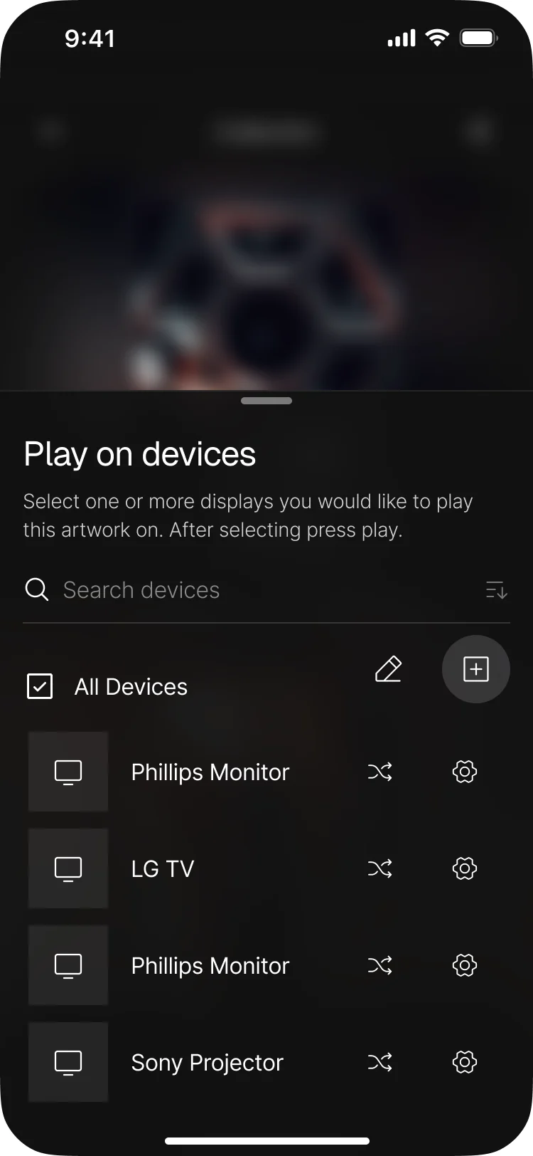 Blackdove mobile Play on devices sheet: search devices, All Devices, and a list of monitors, a TV and a projector with shuffle and settings