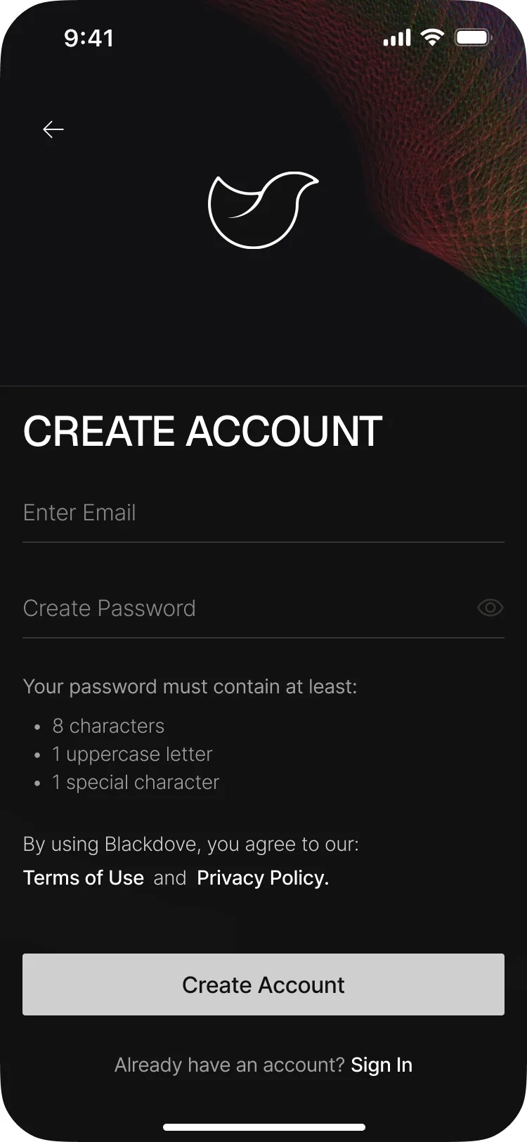 Blackdove mobile Create Account: email and password, the password rules, the terms, and Create Account