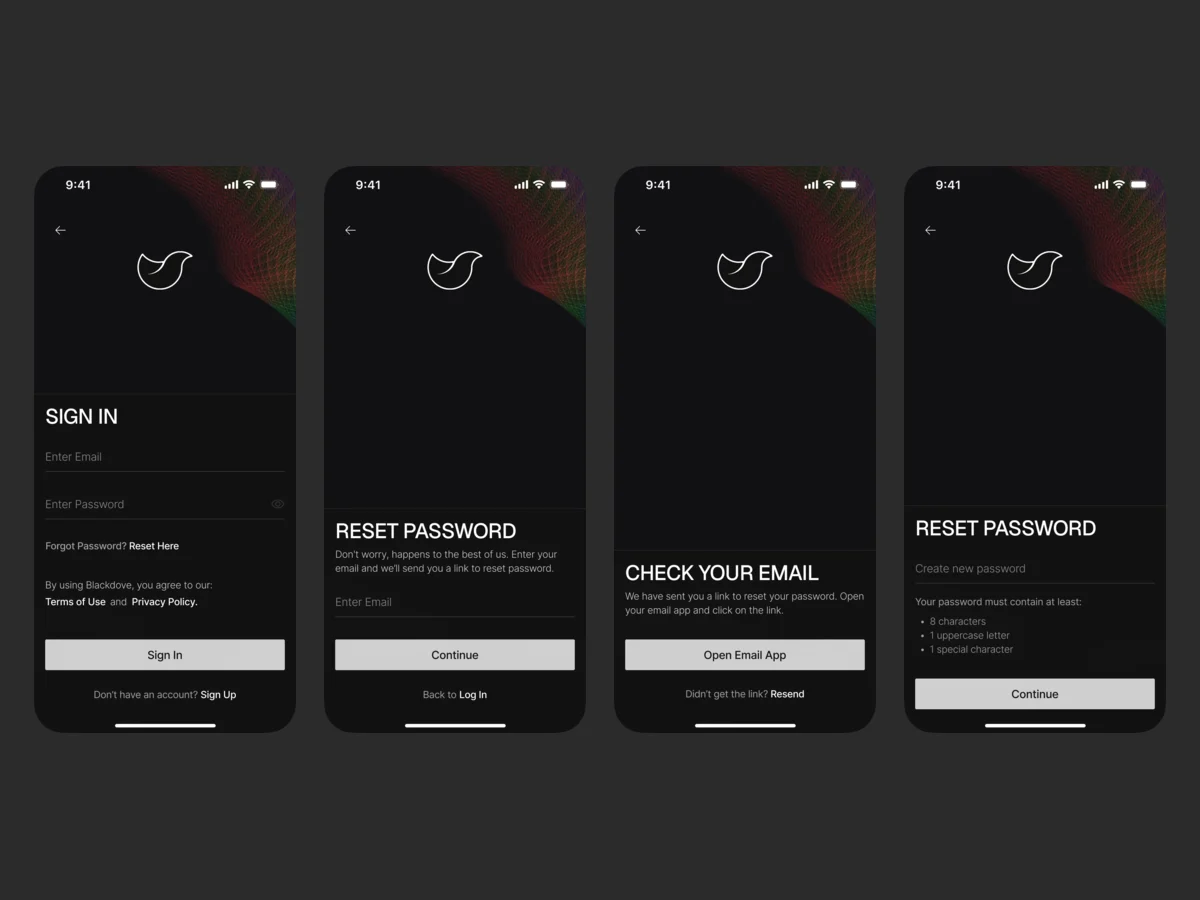 Four mobile app screens: Sign In, Reset Password with an email field, Check Your Email with Open Email App, and a new password with its rules