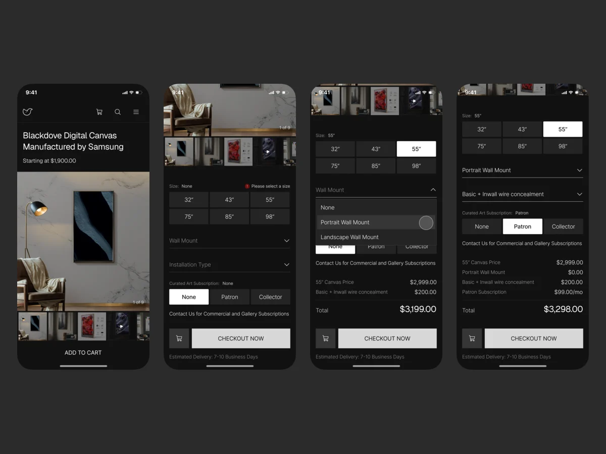 The Canvas product page on a phone in four states: the first screen with the price and gallery, a size still to choose, the wall-mount list open, and a 55-inch Canvas with the Patron plan and its total