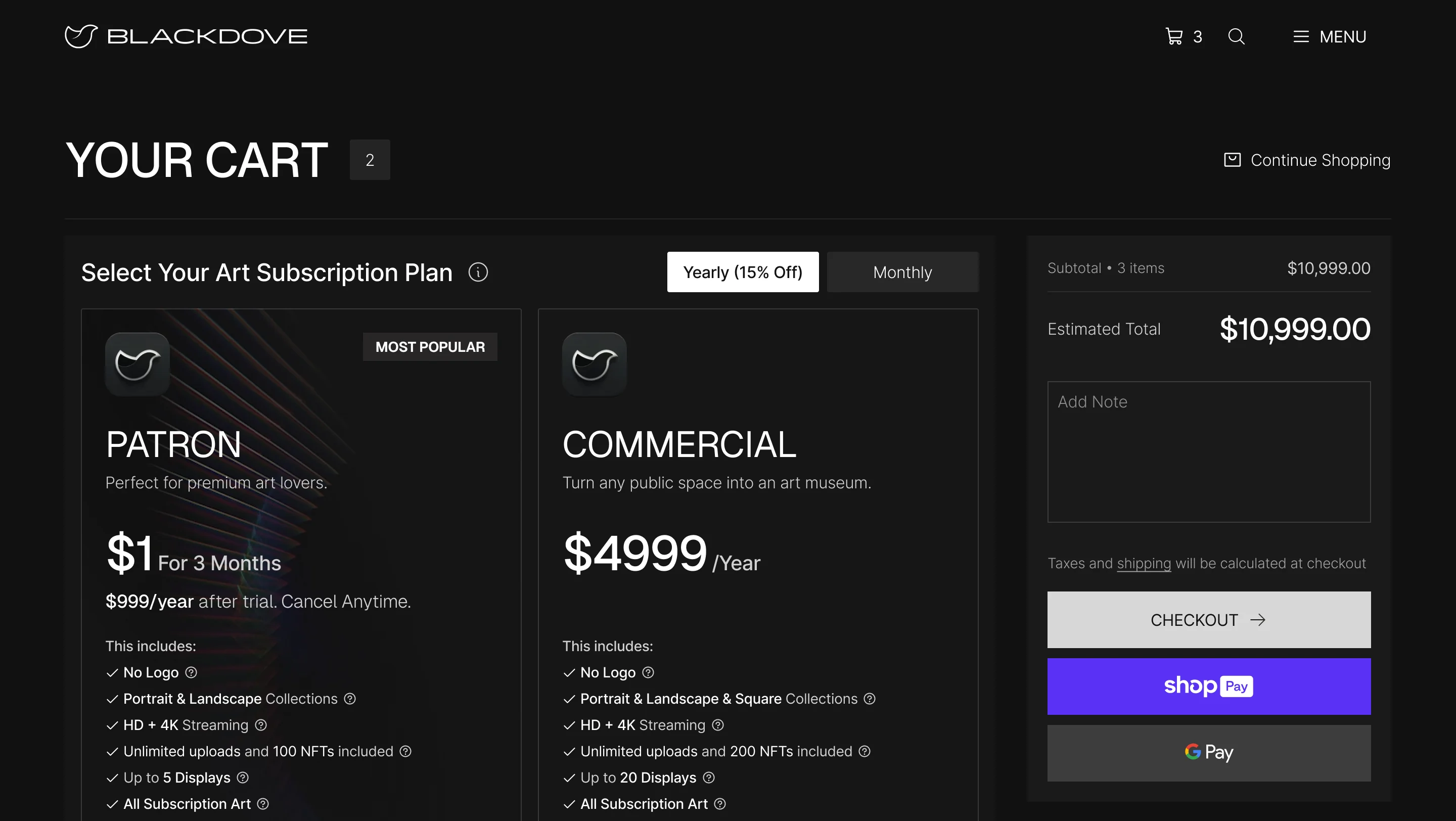 Blackdove cart: Select Your Art Subscription Plan with Patron and Commercial, the estimated total, and Checkout and Shop Pay