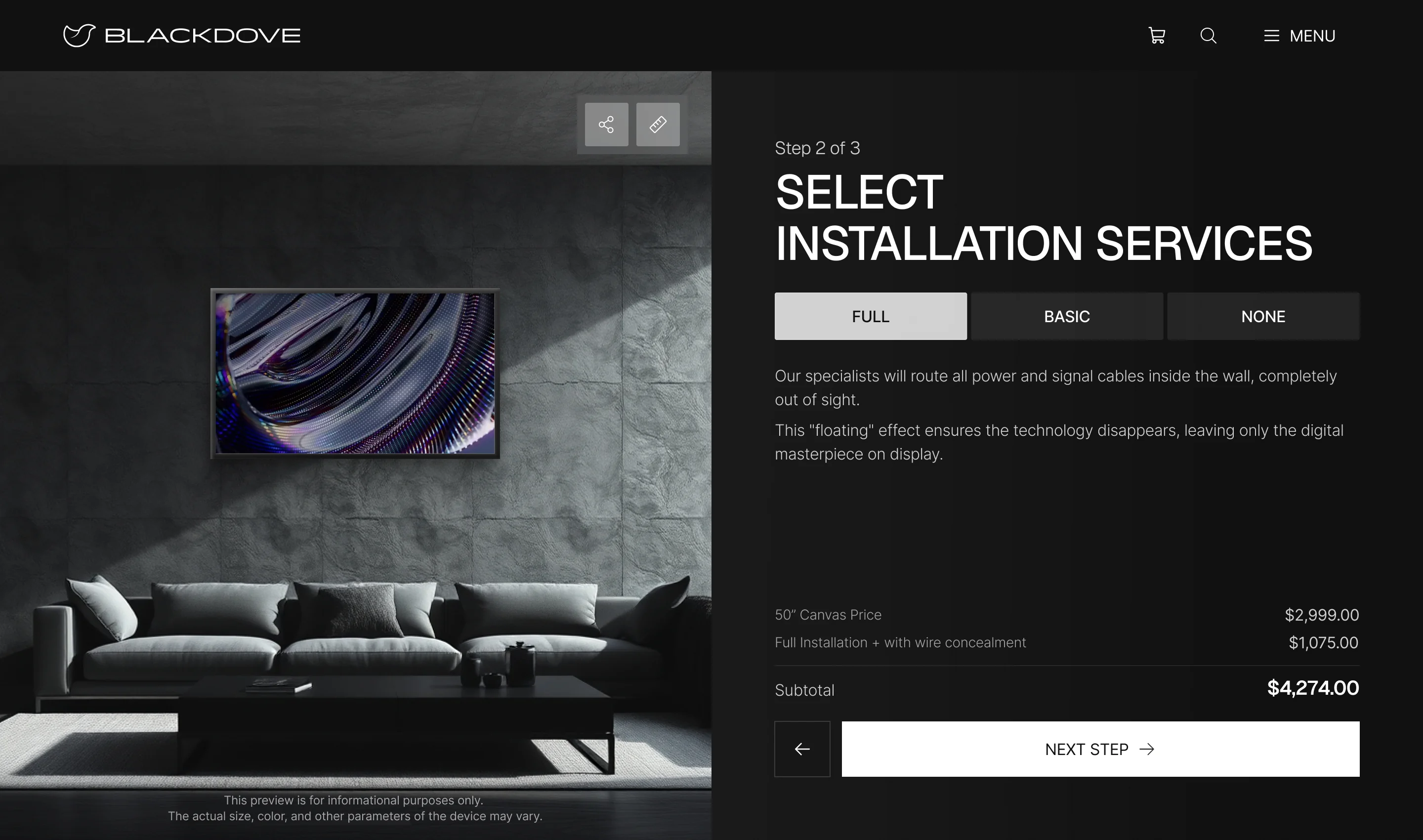 Blackdove Canvas configurator step 2 of 3: Select Installation Services, full, basic or none, with what each includes