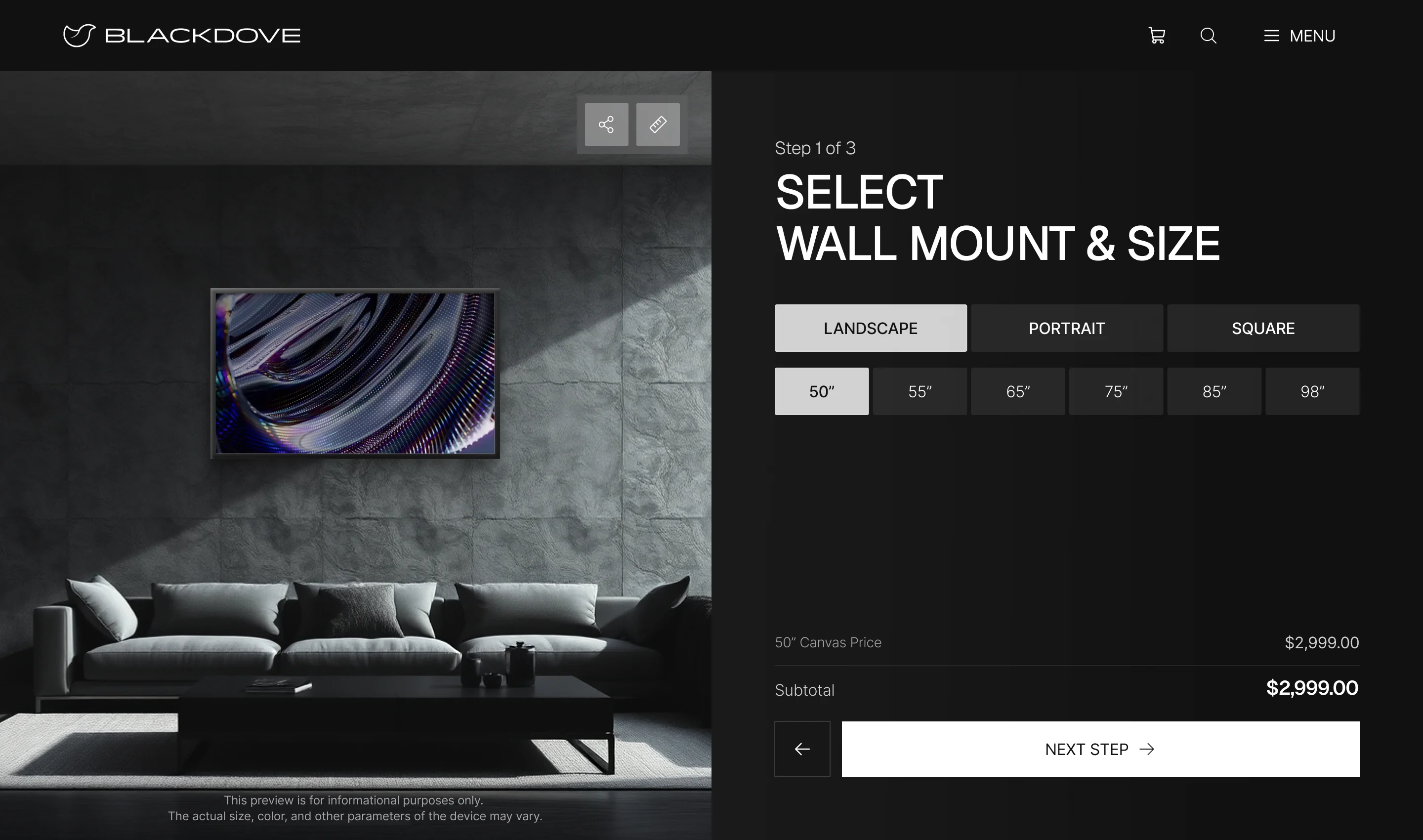 Blackdove Canvas configurator step 1 of 3: Select Wall Mount and Size, landscape, portrait or square, the sizes, and the running total