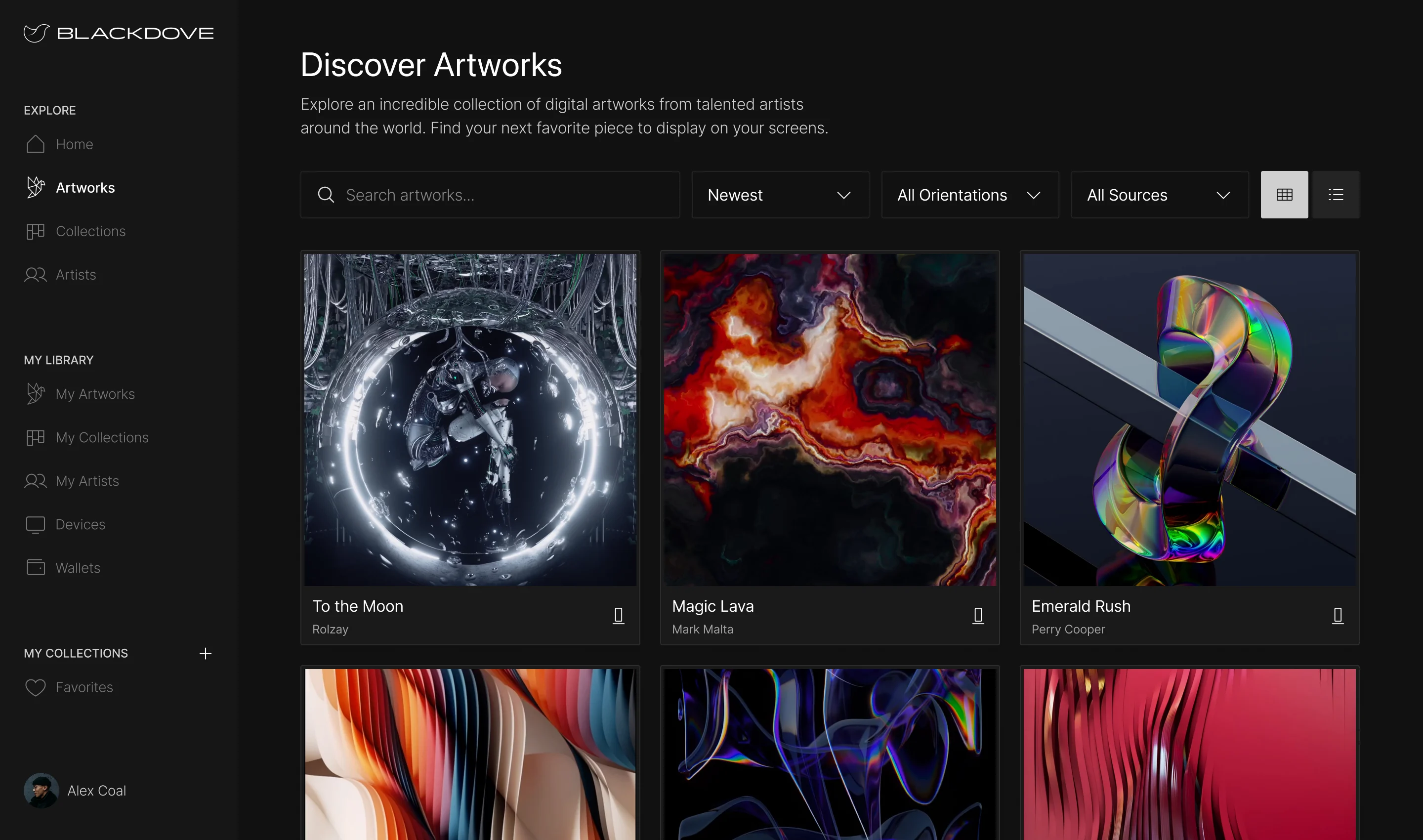Blackdove web app Discover Artworks: search, Newest, All Orientations and All Sources filters over a grid of large artwork cards
