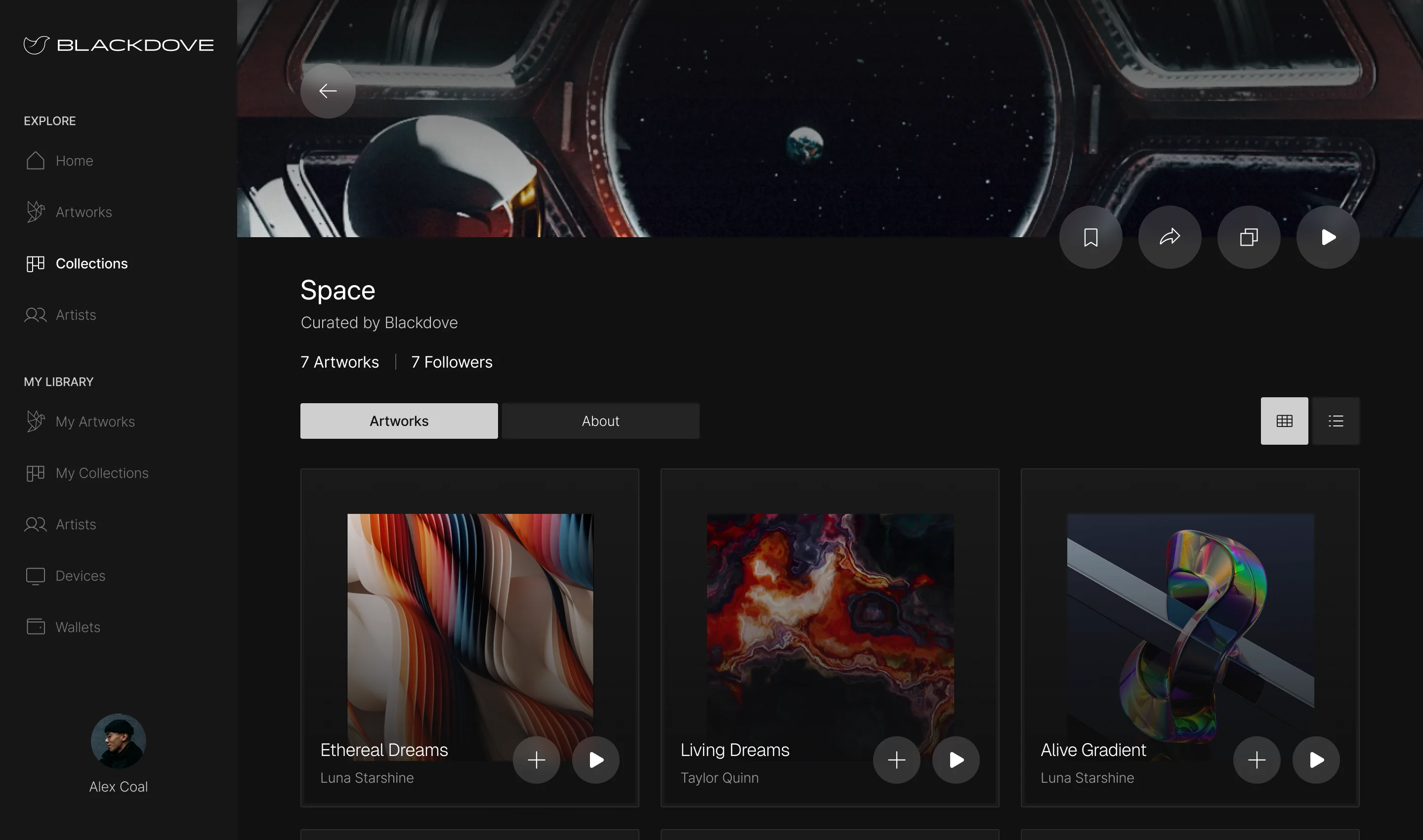 Blackdove web app collection page for Space, curated by Blackdove, with 7 artworks, 7 followers and the artworks below