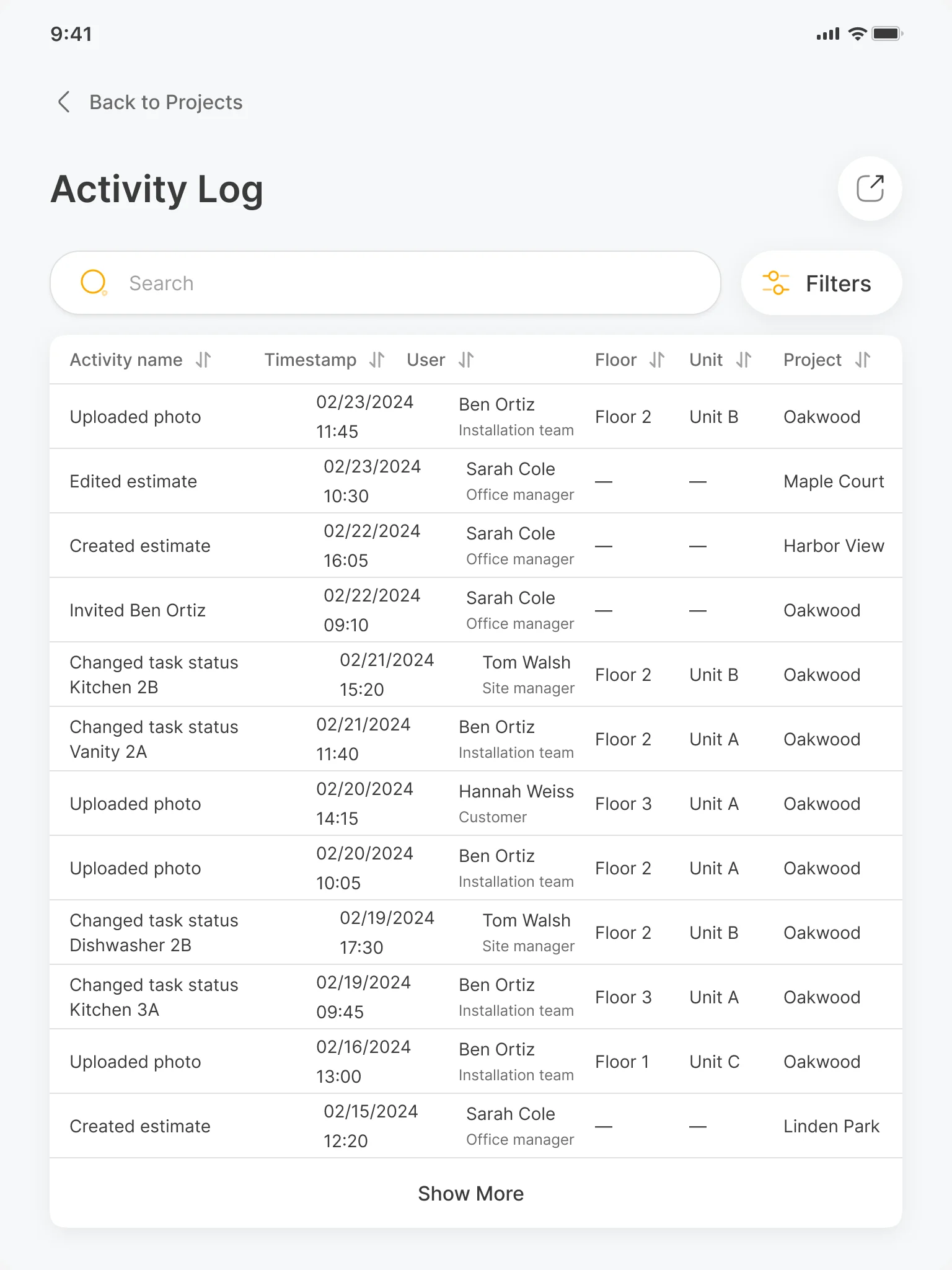 Activity log: uploaded photos, edited and created estimates, an invitation and task status changes, each with timestamp, person and role, floor, unit and project