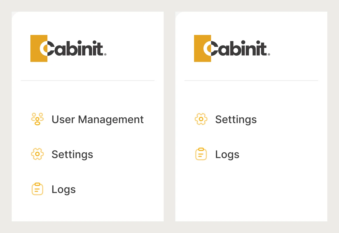 Two Cabinit side menus: the office’s with User Management, Settings and Logs, and the site manager’s with Settings and Logs