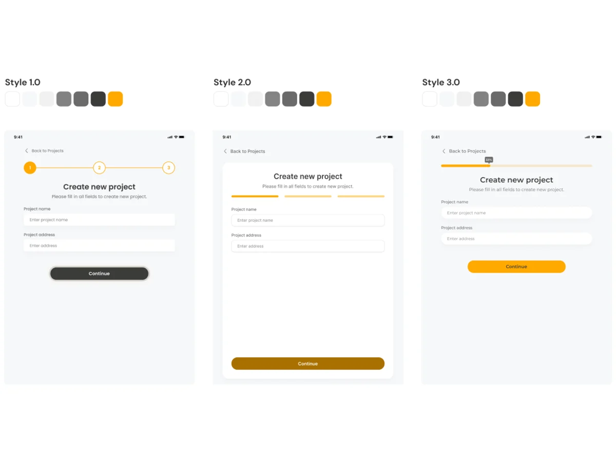 Three style options for the tablet UI, each with its palette and the same new-project form: steps as circles, as bars and as a progress line